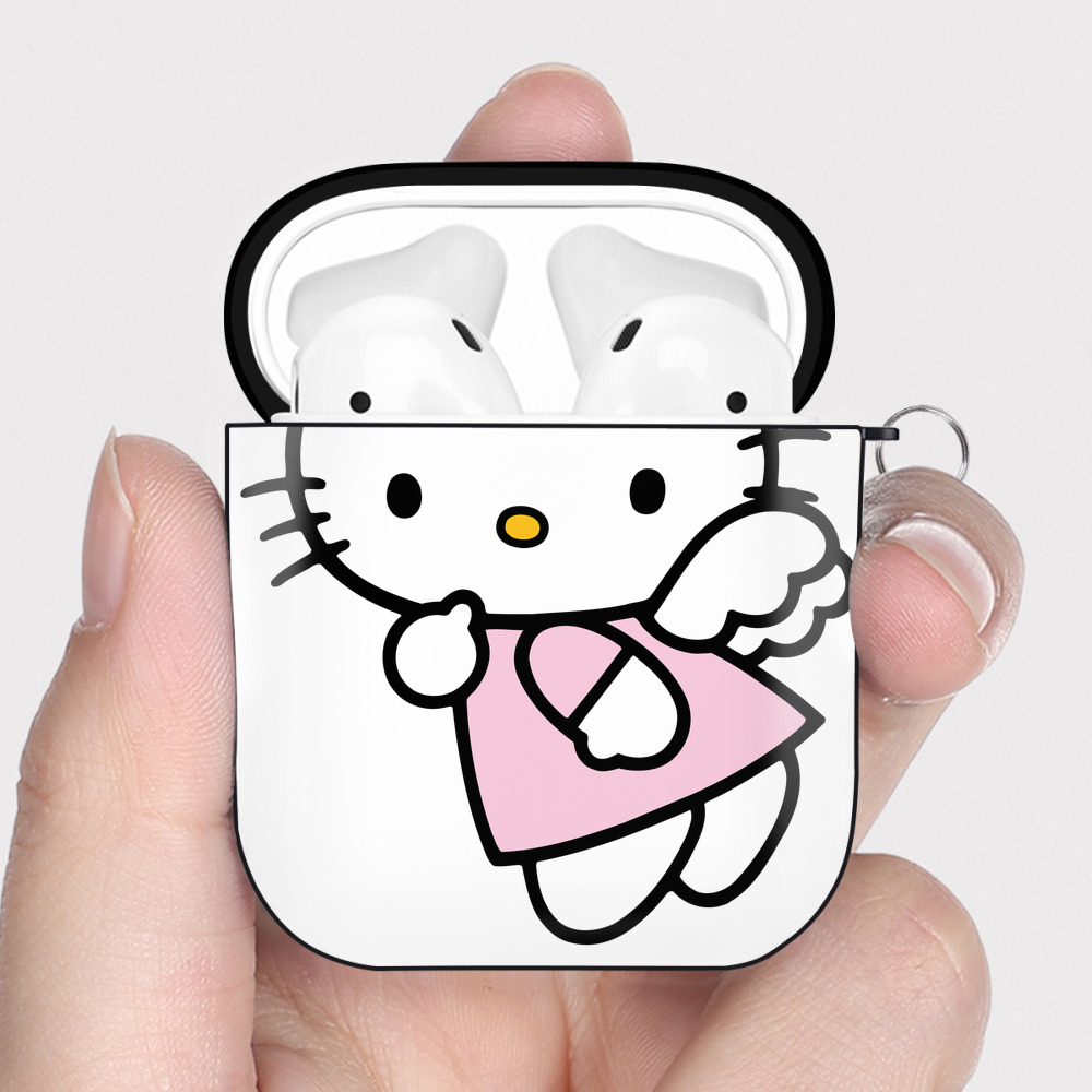 （画像用） Hello Kitty ハローキティ AirPods 第2世代保護ケース ハードシェル ブラック 耐衝撃・防指紋・カラビナ付き