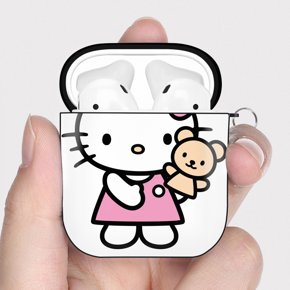 （画像用） Hello Kitty ハローキティ AirPods 第2世代保護ケース ハードシェル ブラック 耐衝撃・防指紋・カラビナ付き