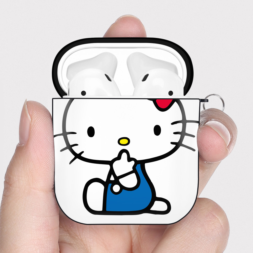 （画像用） Hello Kitty ハローキティ AirPods 第2世代保護ケース ハードシェル ブラック 耐衝撃・防指紋・カラビナ付き