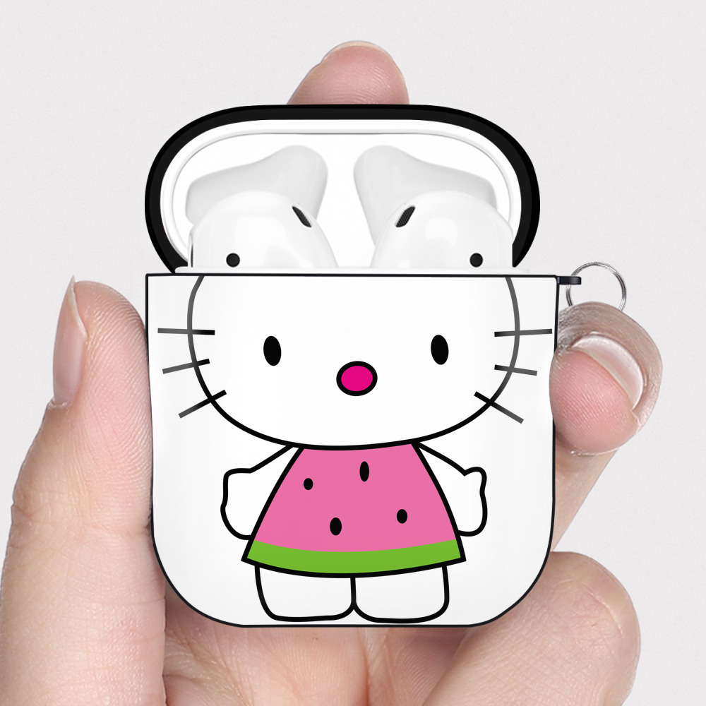 （画像用） Hello Kitty ハローキティ AirPods 第2世代保護ケース ハードシェル ブラック 耐衝撃・防指紋・カラビナ付き