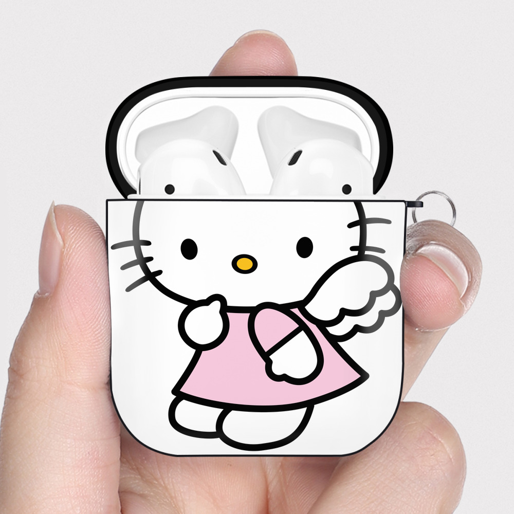 （画像用） Hello Kitty ハローキティ AirPods 第2世代保護ケース ハードシェル ブラック 耐衝撃・防指紋・カラビナ付き