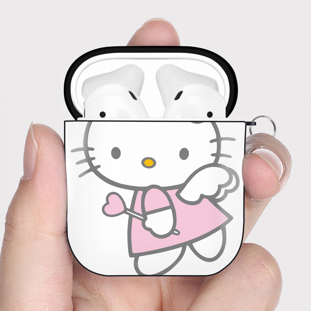 （画像用） Hello Kitty ハローキティ AirPods 第2世代保護ケース ハードシェル ブラック 耐衝撃・防指紋・カラビナ付き