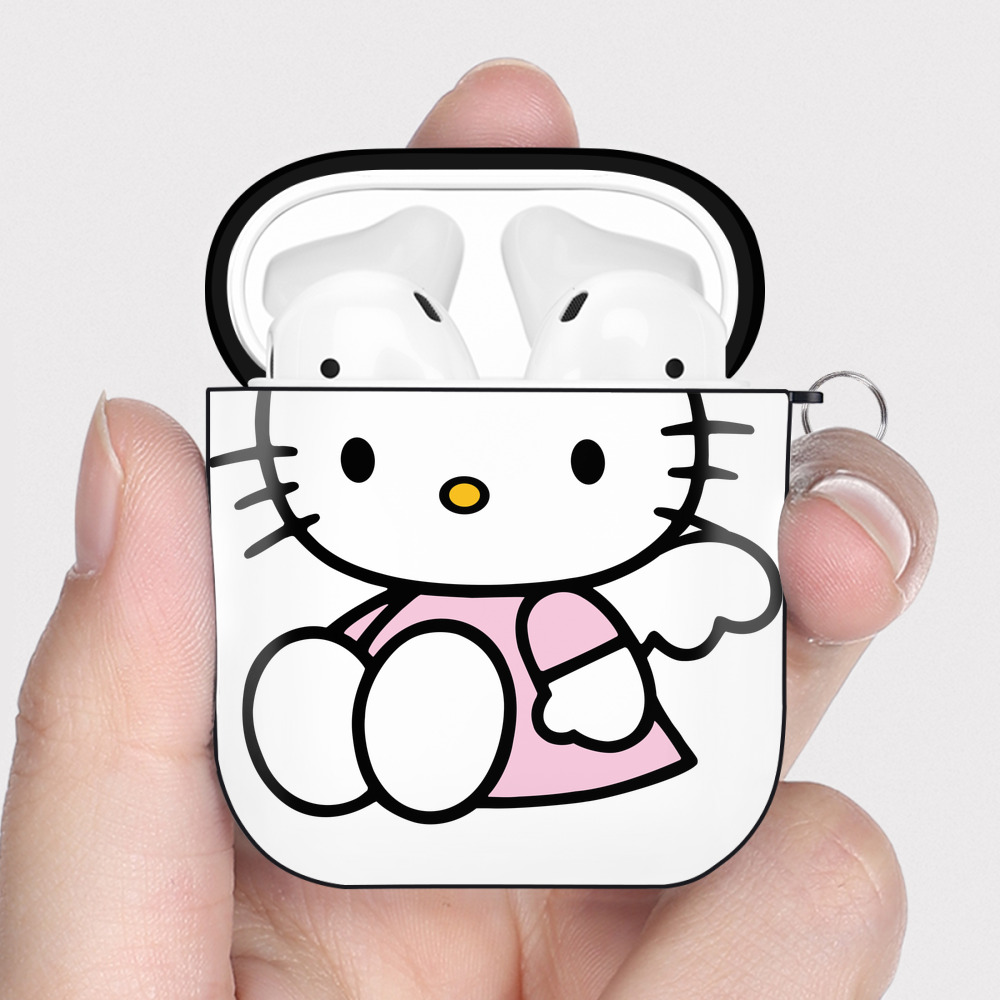 （画像用） Hello Kitty ハローキティ AirPods 第2世代保護ケース ハードシェル ブラック 耐衝撃・防指紋・カラビナ付き