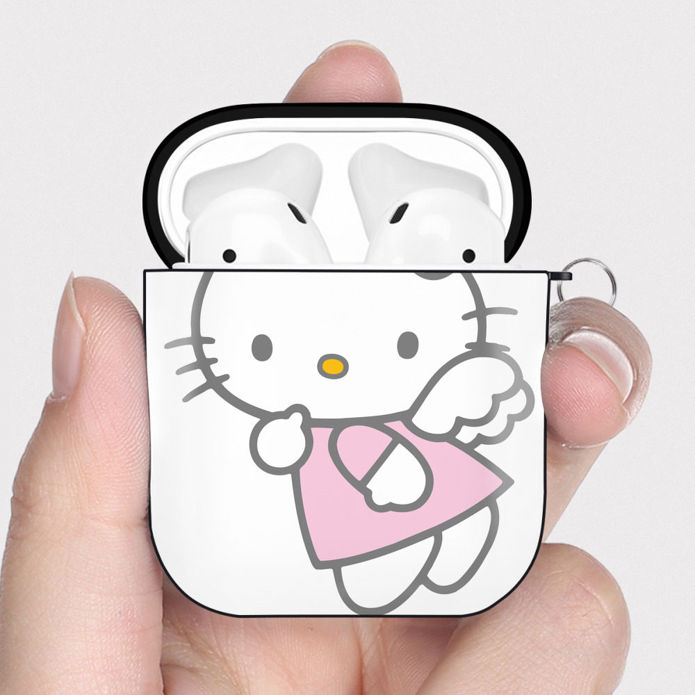 （画像用） Hello Kitty ハローキティ AirPods 第2世代保護ケース ハードシェル ブラック 耐衝撃・防指紋・カラビナ付き