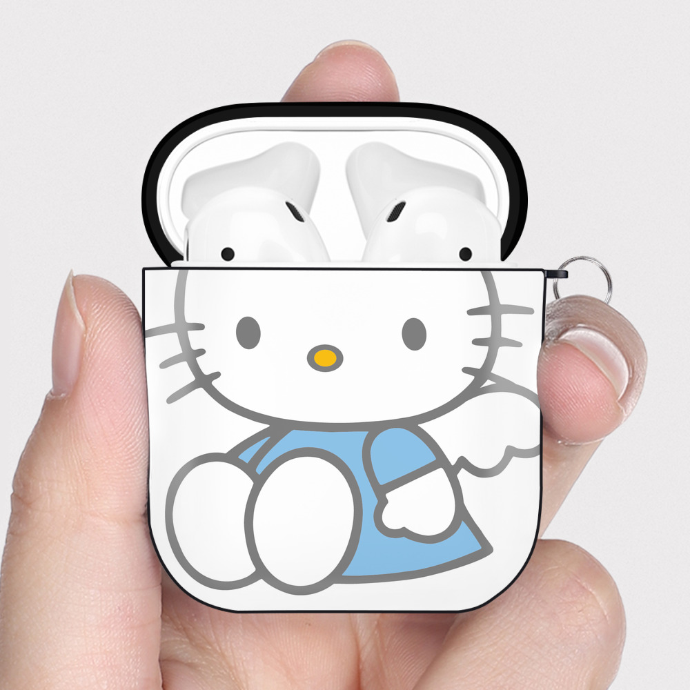 （画像用） Hello Kitty ハローキティ AirPods 第2世代保護ケース ハードシェル ブラック 耐衝撃・防指紋・カラビナ付き