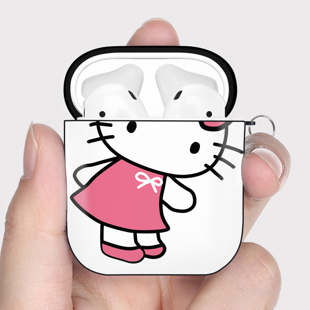 （画像用） Hello Kitty ハローキティ AirPods 第2世代保護ケース ハードシェル ブラック 耐衝撃・防指紋・カラビナ付き