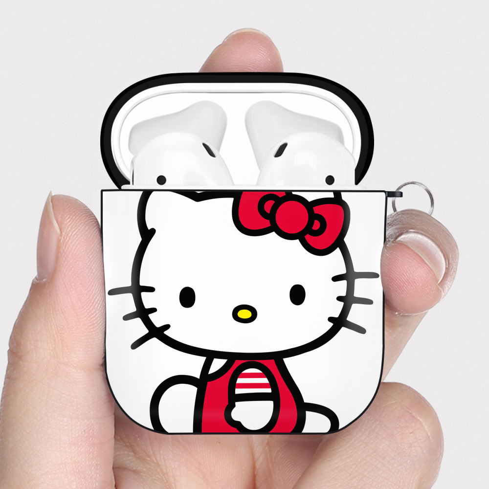 （画像用） Hello Kitty ハローキティ AirPods 第2世代保護ケース ハードシェル ブラック 耐衝撃・防指紋・カラビナ付き