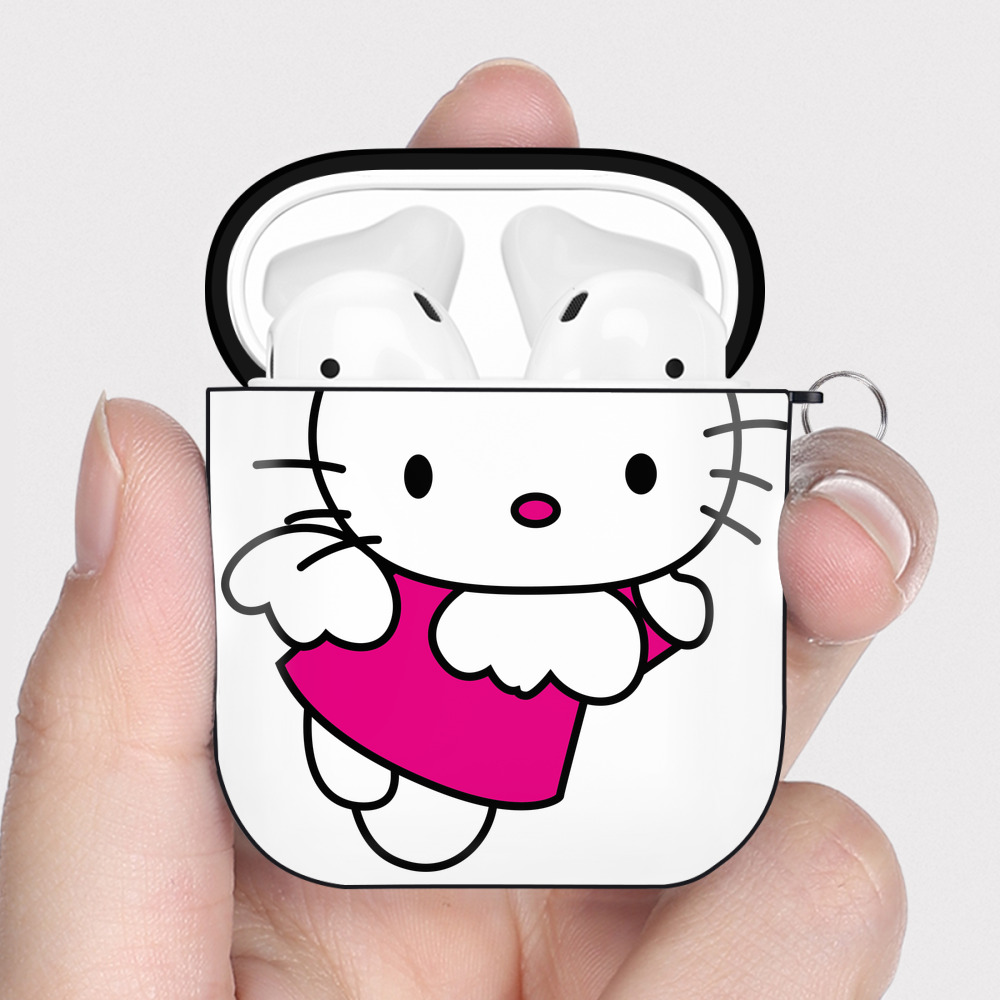 （画像用） Hello Kitty ハローキティ AirPods 第2世代保護ケース ハードシェル ブラック 耐衝撃・防指紋・カラビナ付き