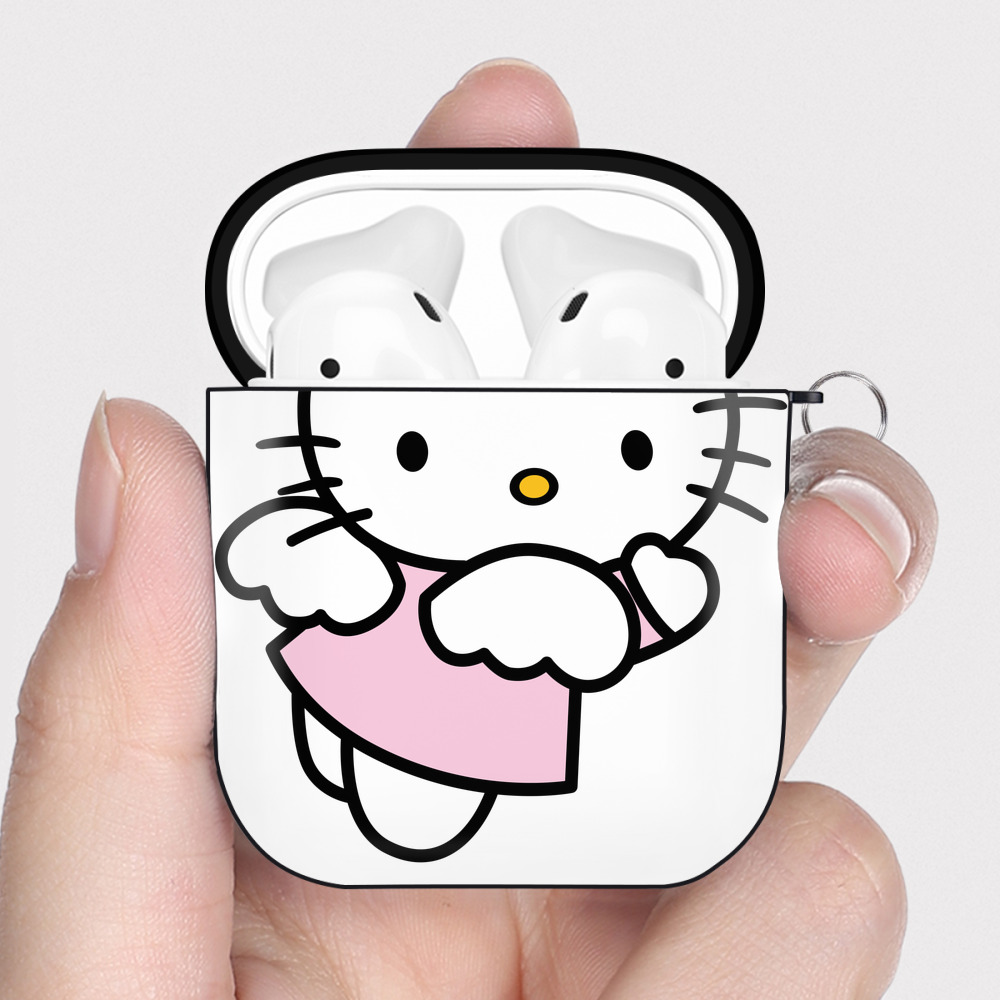 （画像用） Hello Kitty ハローキティ AirPods 第2世代保護ケース ハードシェル ブラック 耐衝撃・防指紋・カラビナ付き