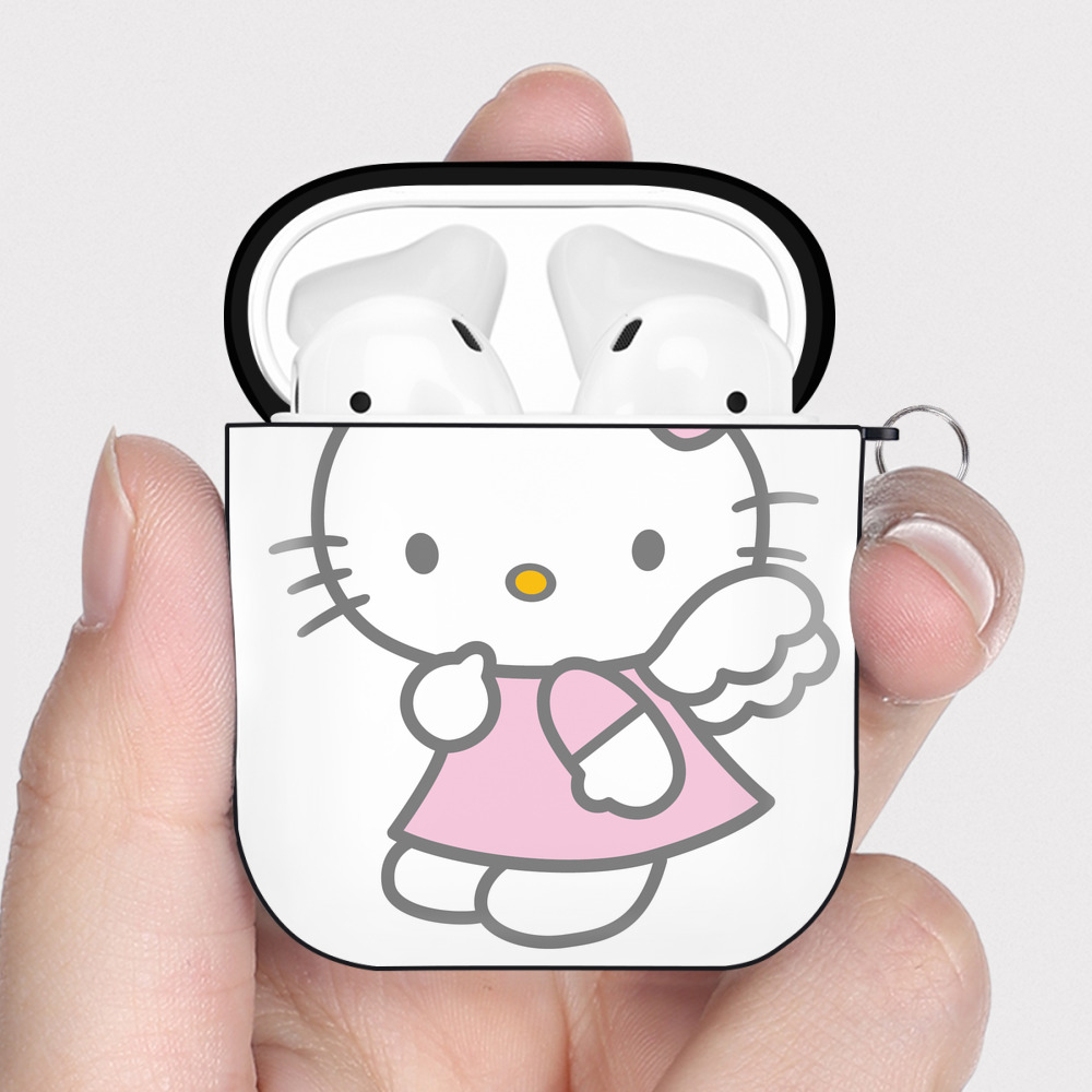 （画像用） Hello Kitty ハローキティ AirPods 第2世代保護ケース ハードシェル ブラック 耐衝撃・防指紋・カラビナ付き