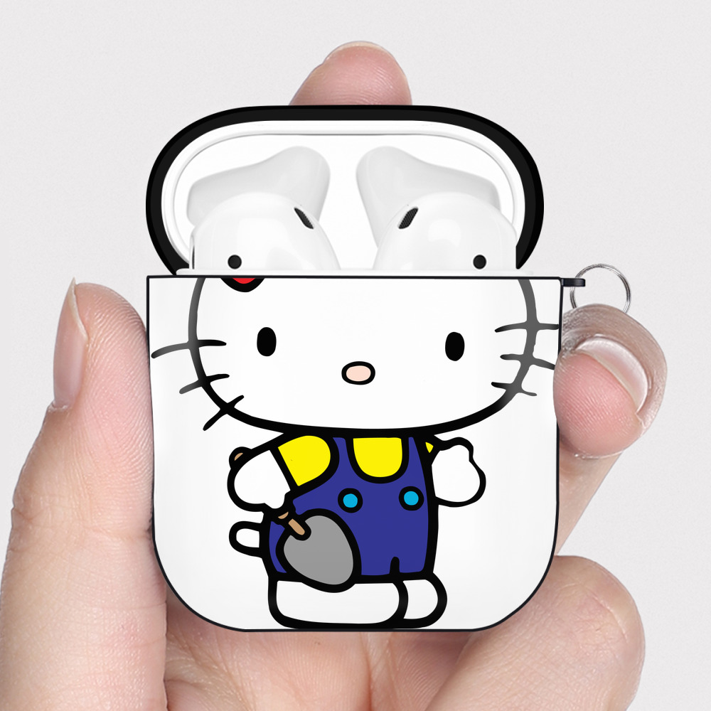 （画像用） Hello Kitty ハローキティ AirPods 第2世代保護ケース ハードシェル ブラック 耐衝撃・防指紋・カラビナ付き