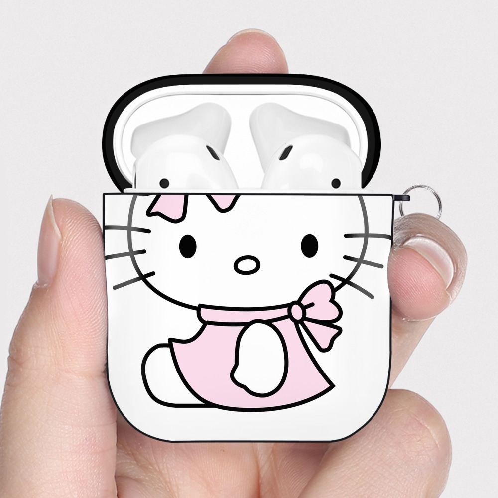 （画像用） Hello Kitty ハローキティ AirPods 第2世代保護ケース ハードシェル ブラック 耐衝撃・防指紋・カラビナ付き
