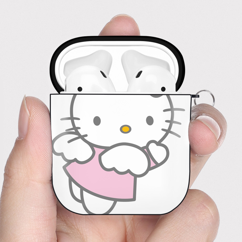 （画像用） Hello Kitty ハローキティ AirPods 第2世代保護ケース ハードシェル ブラック 耐衝撃・防指紋・カラビナ付き