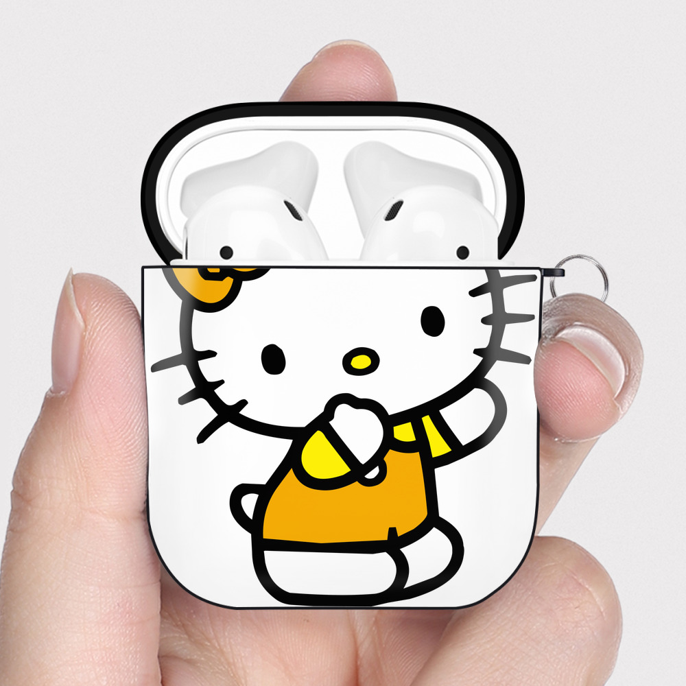 （画像用） Hello Kitty ハローキティ AirPods 第2世代保護ケース ハードシェル ブラック 耐衝撃・防指紋・カラビナ付き