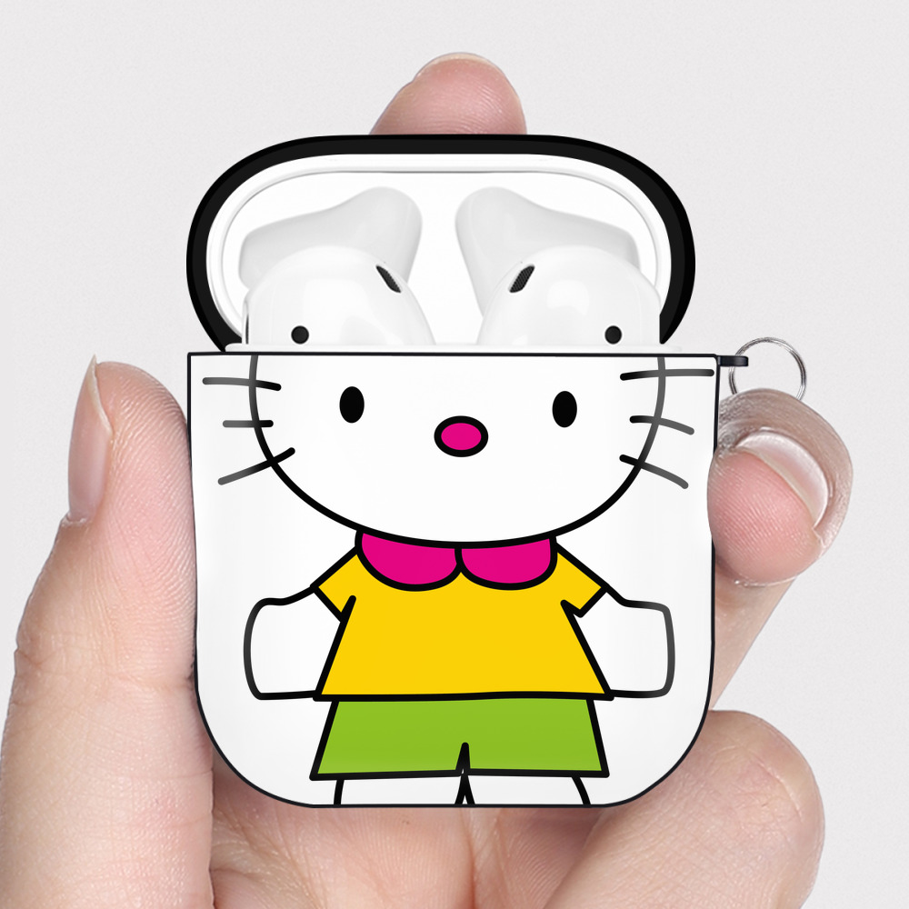 （画像用） Hello Kitty ハローキティ AirPods 第2世代保護ケース ハードシェル ブラック 耐衝撃・防指紋・カラビナ付き