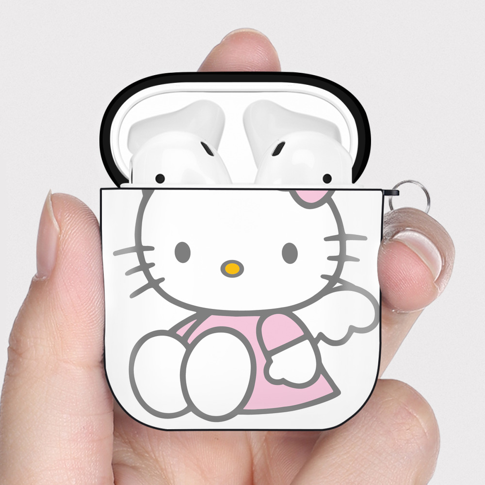 （画像用） Hello Kitty ハローキティ AirPods 第2世代保護ケース ハードシェル ブラック 耐衝撃・防指紋・カラビナ付き