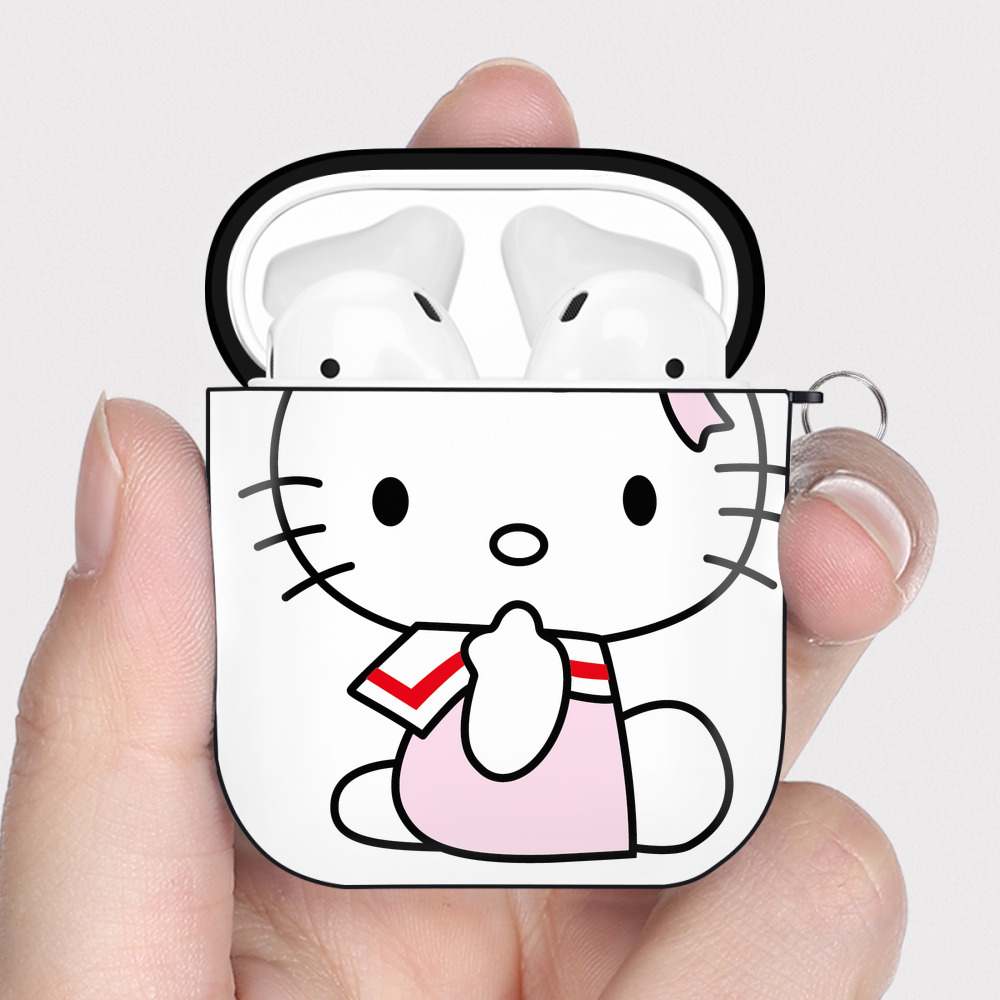（画像用） Hello Kitty ハローキティ AirPods 第2世代保護ケース ハードシェル ブラック 耐衝撃・防指紋・カラビナ付き