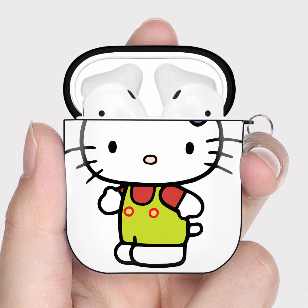 （画像用） Hello Kitty ハローキティ AirPods 第2世代保護ケース ハードシェル ブラック 耐衝撃・防指紋・カラビナ付き
