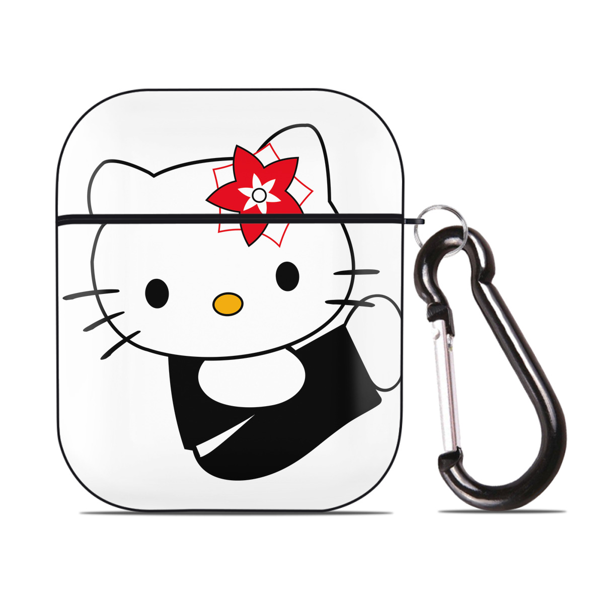 （画像用） Hello Kitty ハローキティ AirPods 第2世代保護ケース ハードシェル ブラック 耐衝撃・防指紋・カラビナ付き