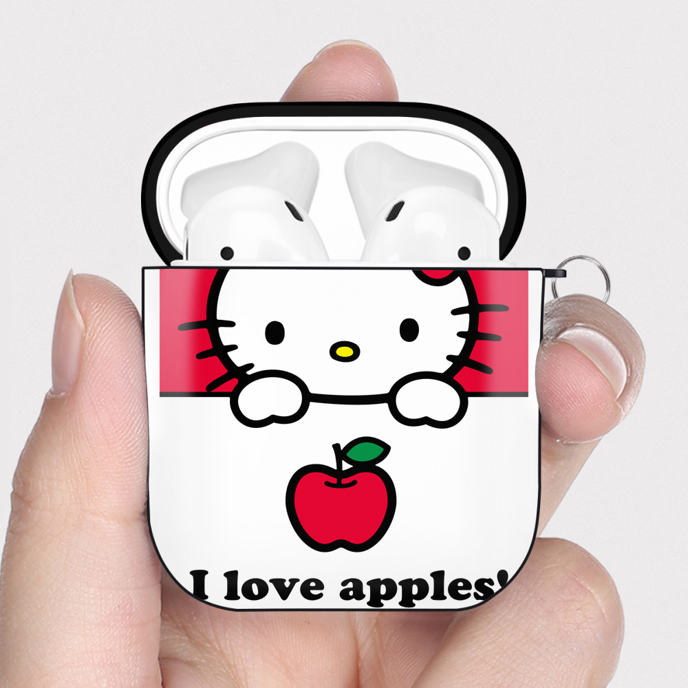 （画像用） Hello Kitty ハローキティ AirPods 第2世代保護ケース ハードシェル ブラック 耐衝撃・防指紋・カラビナ付き