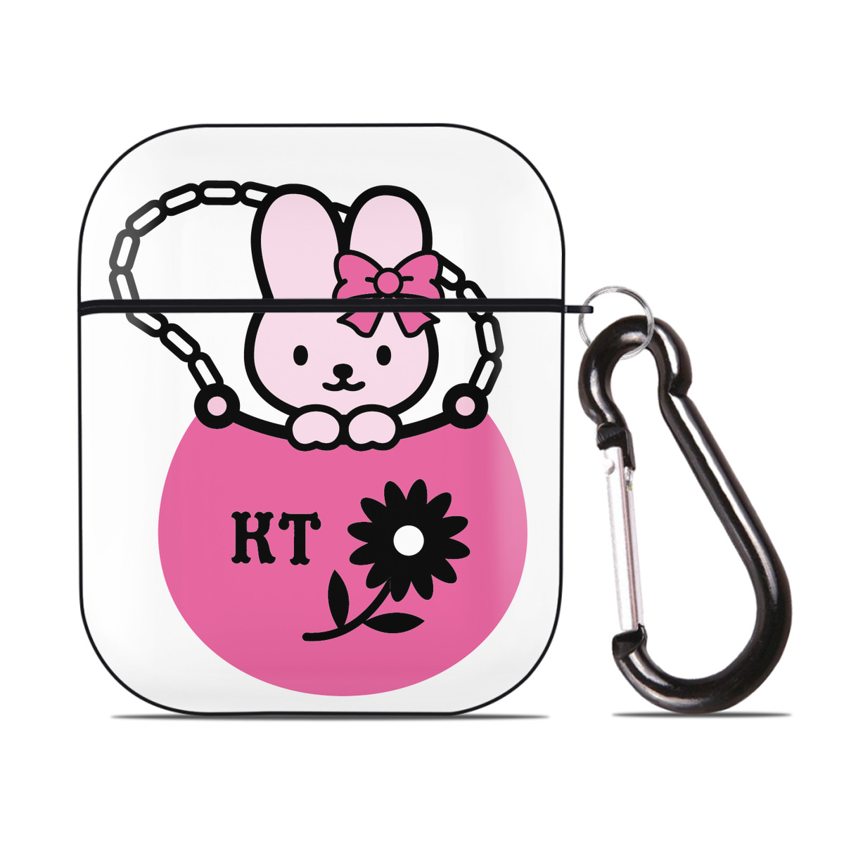 （画像用） Hello Kitty ハローキティ AirPods 第2世代保護ケース ハードシェル ブラック 耐衝撃・防指紋・カラビナ付き