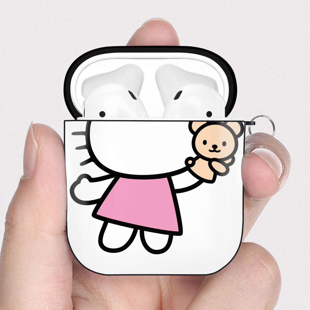 （画像用） Hello Kitty ハローキティ AirPods 第2世代保護ケース ハードシェル ブラック 耐衝撃・防指紋・カラビナ付き