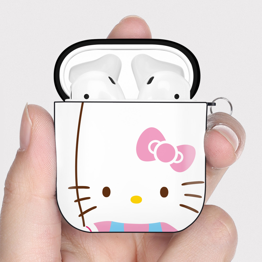 （画像用） Hello Kitty ハローキティ AirPods 第2世代保護ケース ハードシェル ブラック 耐衝撃・防指紋・カラビナ付き