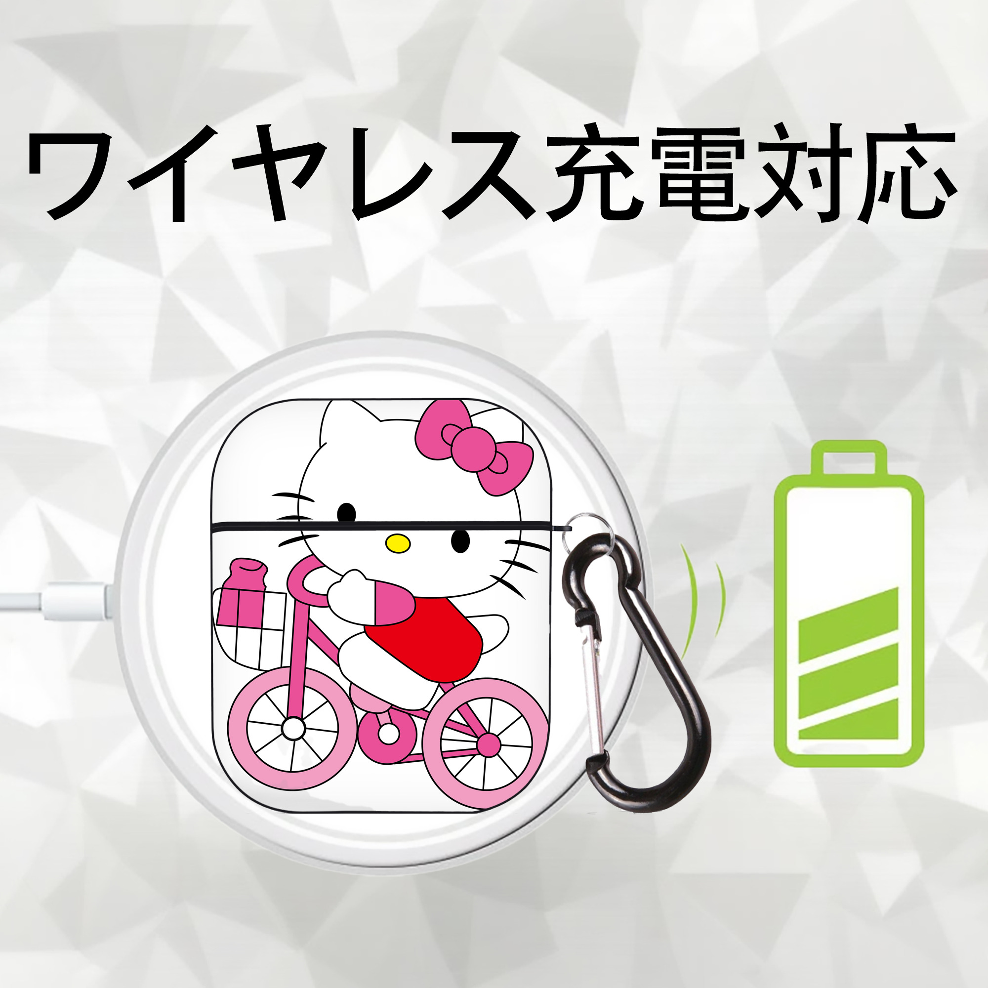 Hello Kitty ハローキティ AirPods 第2世代保護ケース ハードシェル ブラック 耐衝撃・防指紋・カラビナ付き