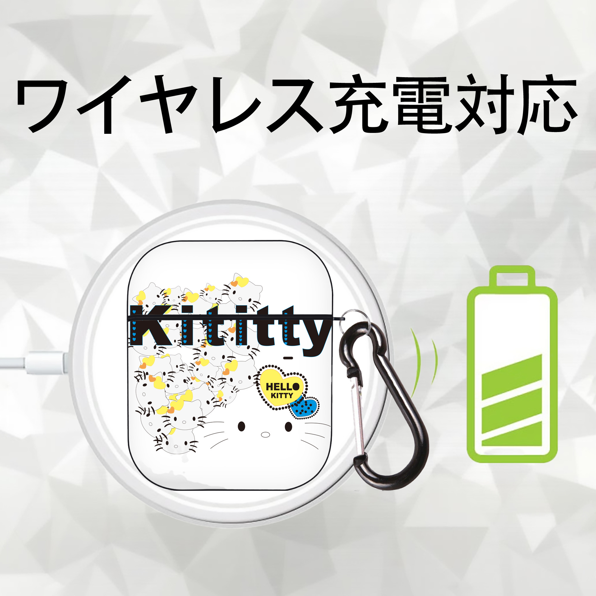 Hello Kitty ハローキティ AirPods 第2世代保護ケース ハードシェル ブラック 耐衝撃・防指紋・カラビナ付き