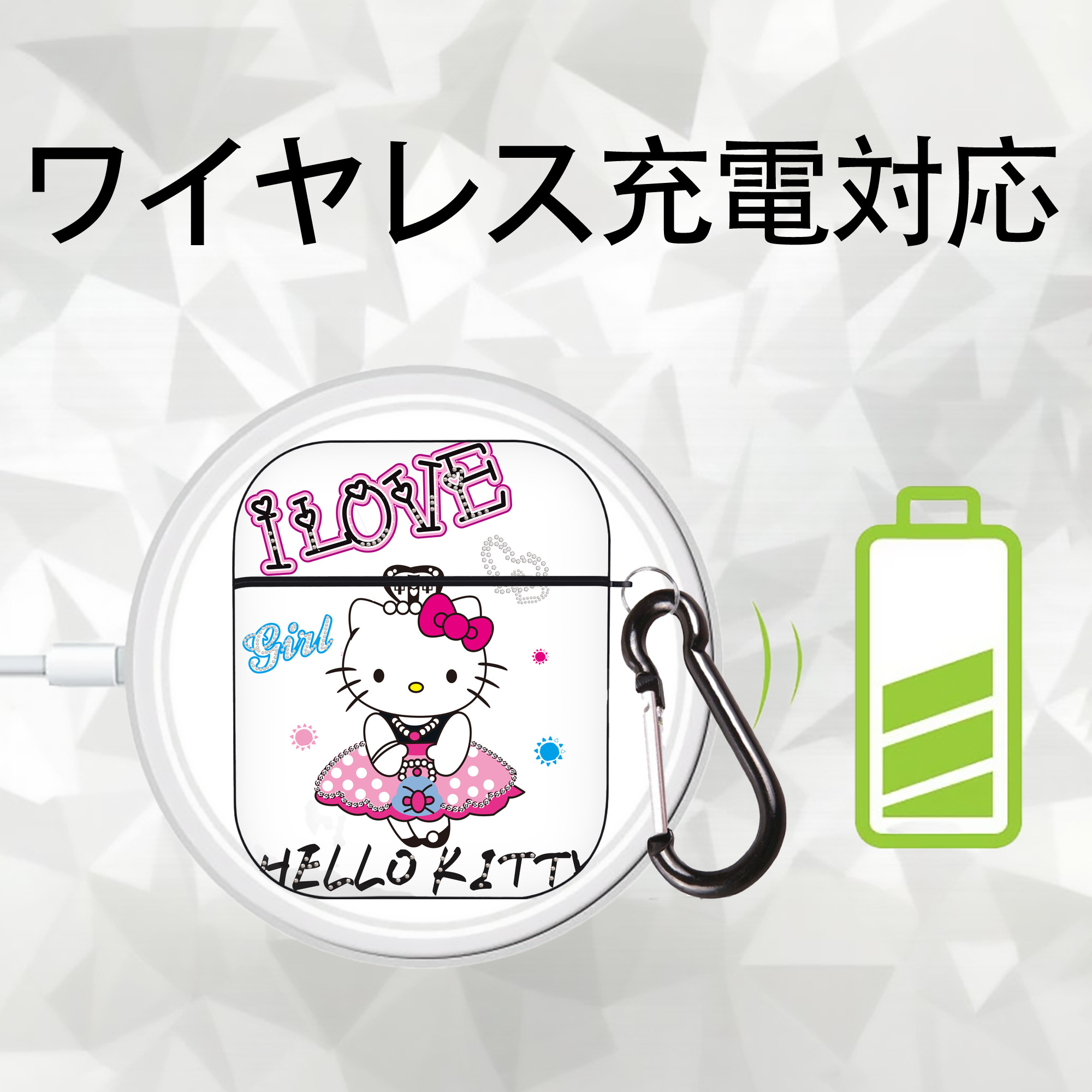 Hello Kitty ハローキティ AirPods 第2世代保護ケース ハードシェル ブラック 耐衝撃・防指紋・カラビナ付き