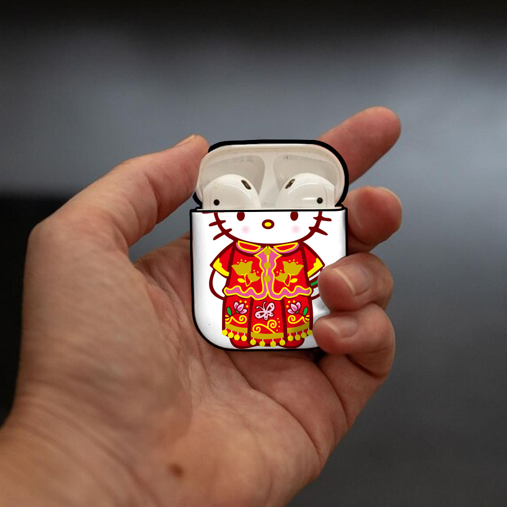 Hello Kitty ハローキティ AirPods 第2世代保護ケース ハードシェル ブラック 耐衝撃・防指紋・カラビナ付き