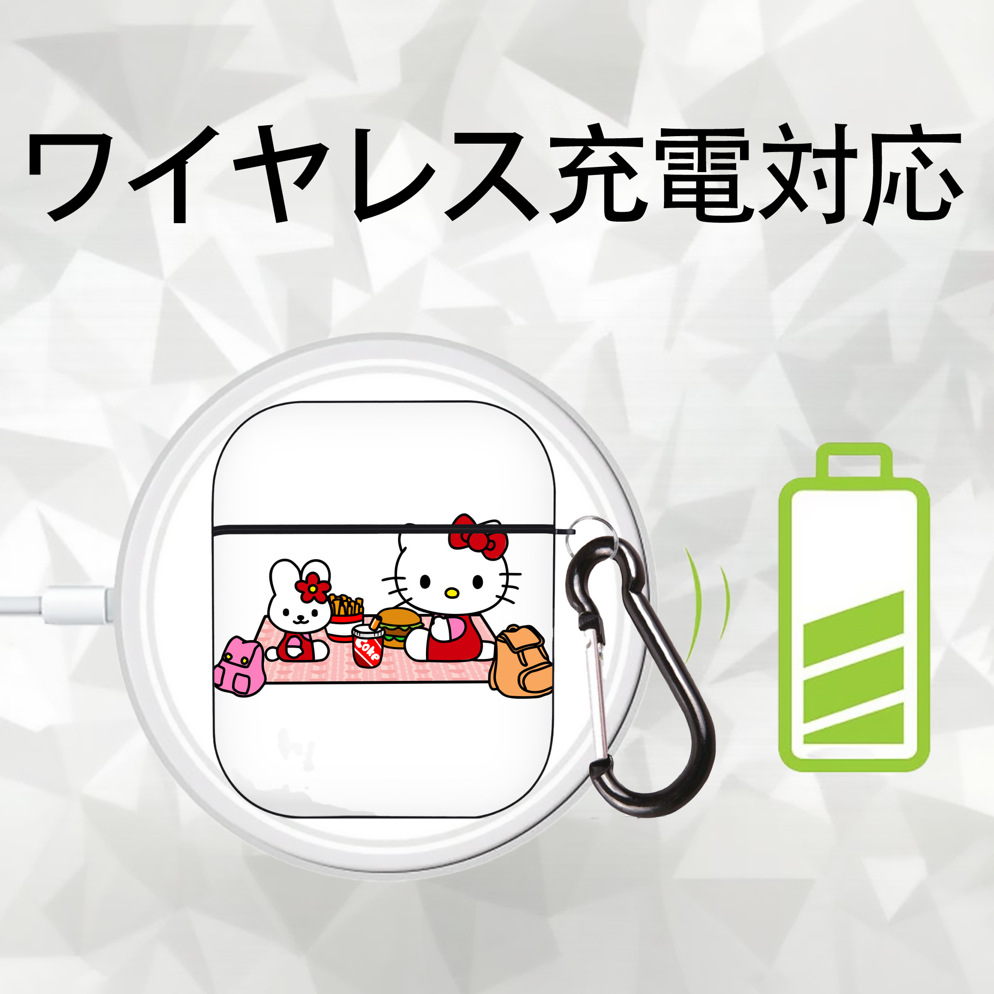 Hello Kitty ハローキティ AirPods 第2世代保護ケース ハードシェル ブラック 耐衝撃・防指紋・カラビナ付き
