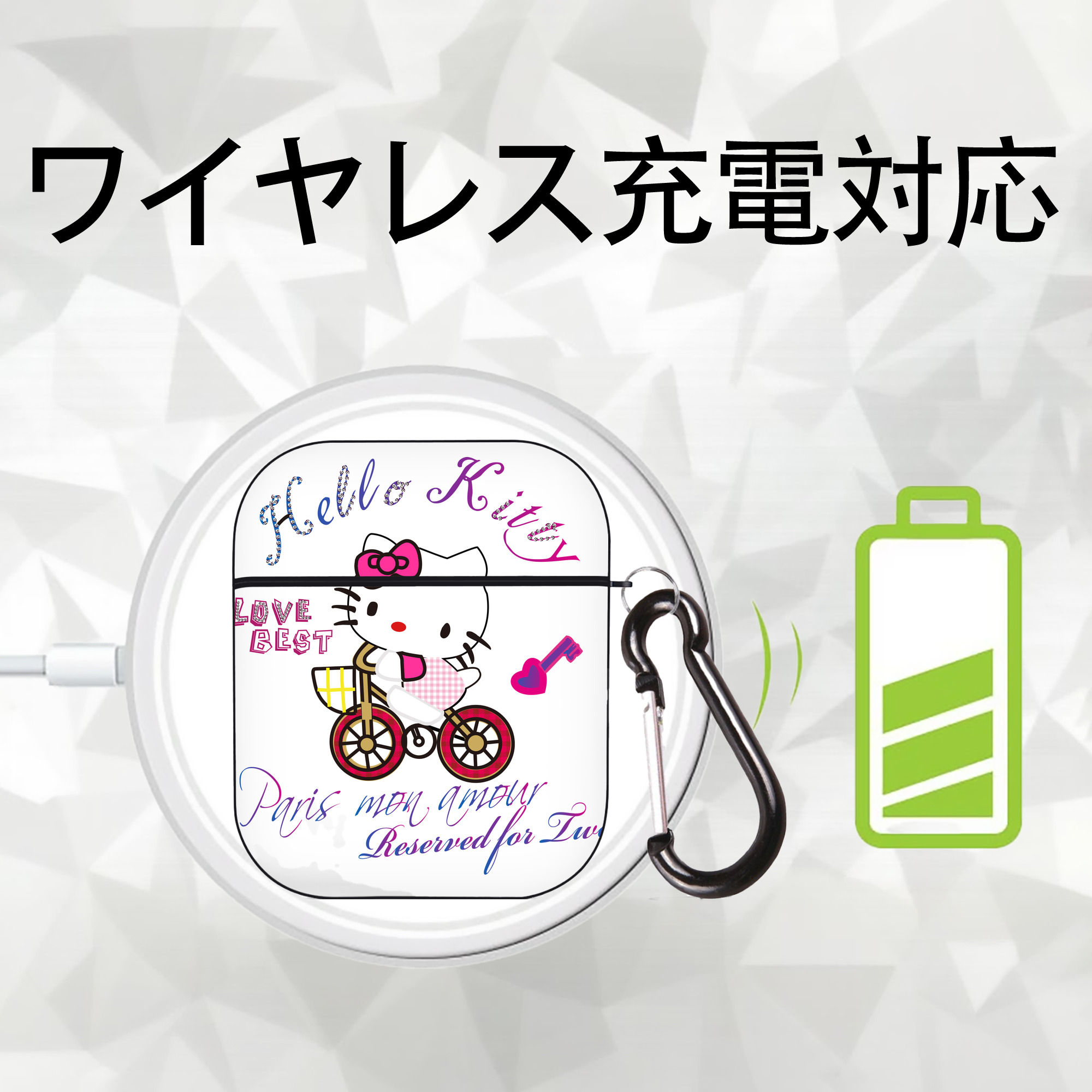 Hello Kitty ハローキティ AirPods 第2世代保護ケース ハードシェル ブラック 耐衝撃・防指紋・カラビナ付き