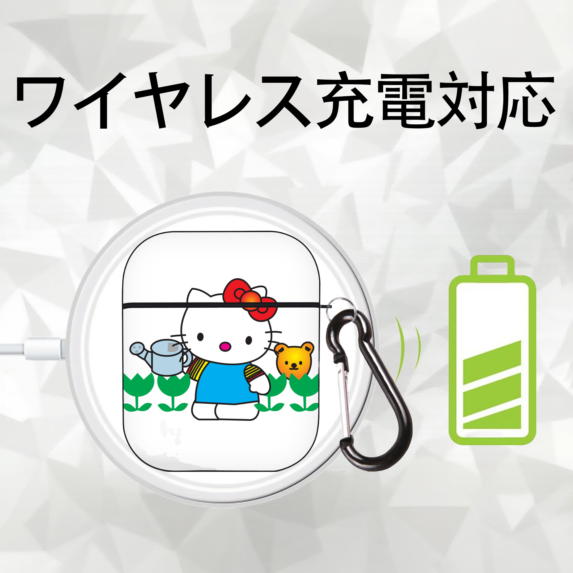 Hello Kitty ハローキティ AirPods 第2世代保護ケース ハードシェル ブラック 耐衝撃・防指紋・カラビナ付き