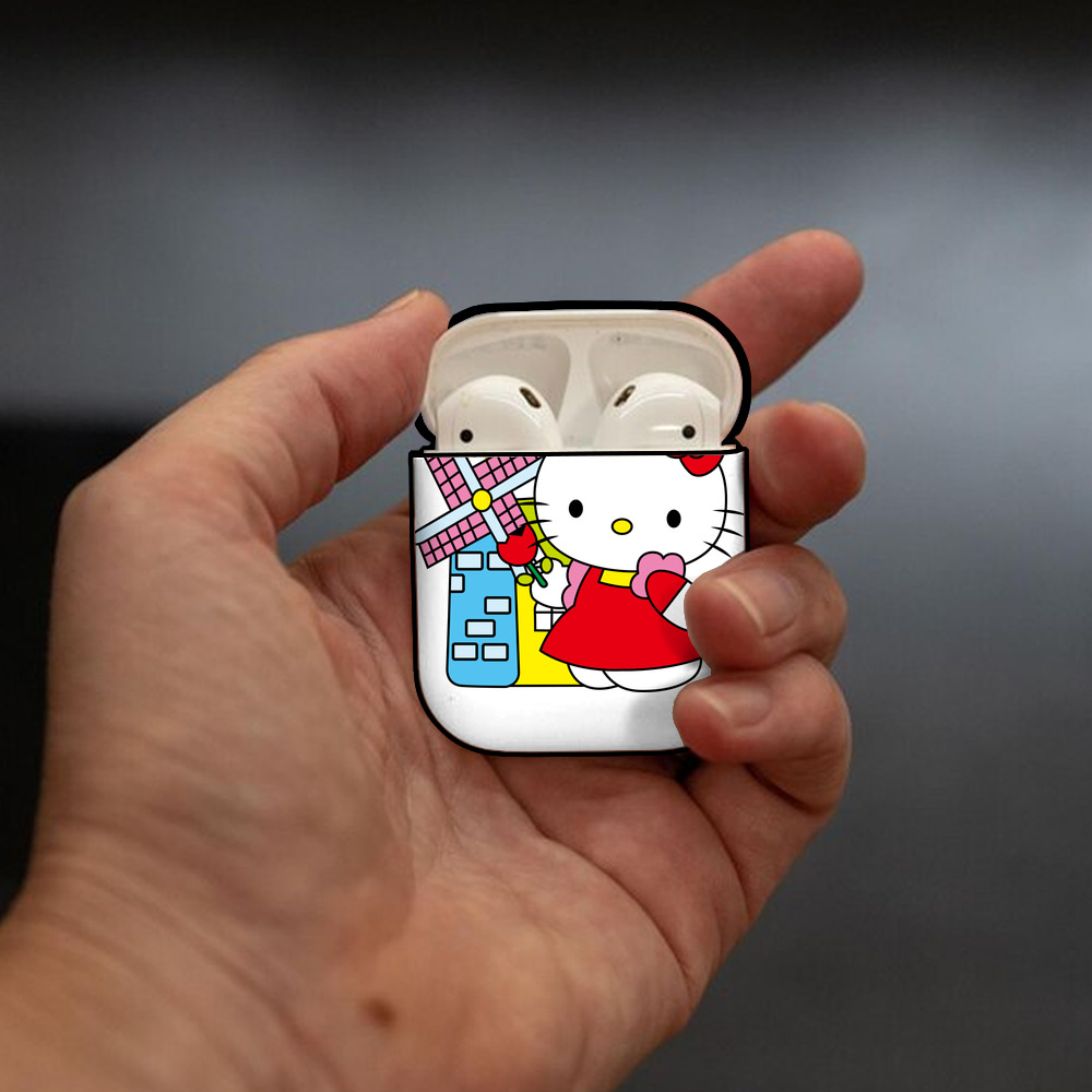 Hello Kitty ハローキティ AirPods 第2世代保護ケース ハードシェル ブラック 耐衝撃・防指紋・カラビナ付き