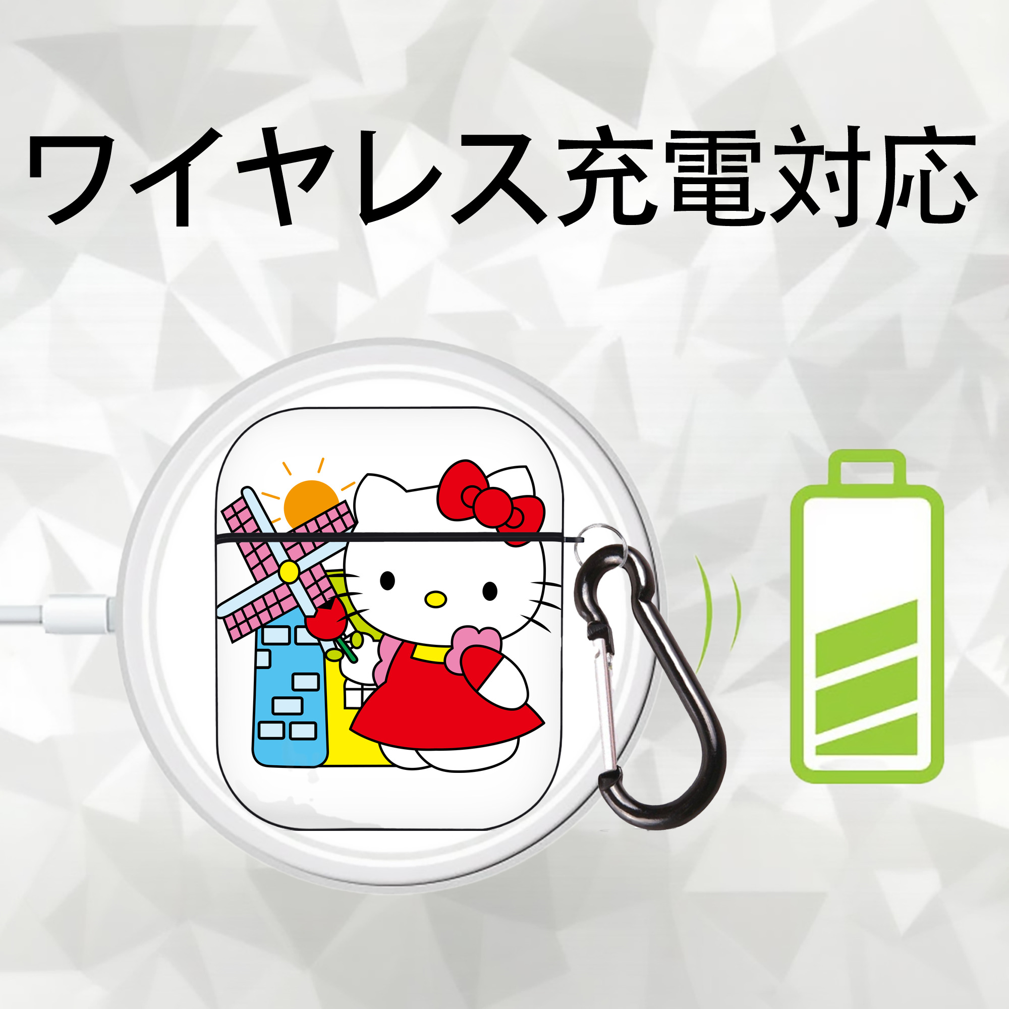 Hello Kitty ハローキティ AirPods 第2世代保護ケース ハードシェル ブラック 耐衝撃・防指紋・カラビナ付き