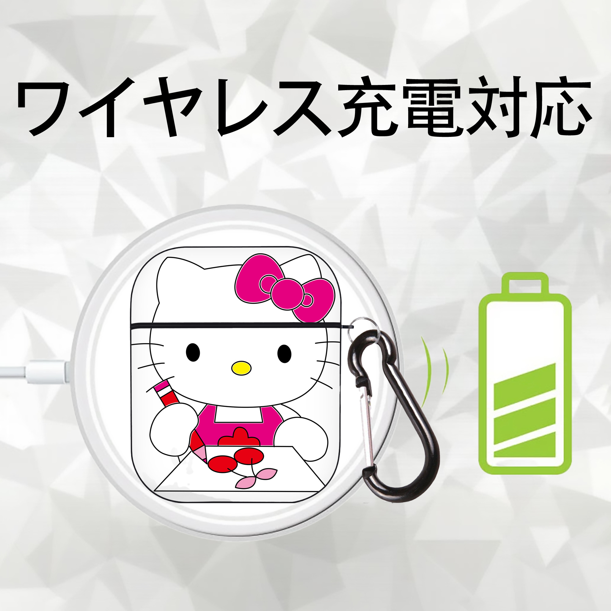 Hello Kitty ハローキティ AirPods 第2世代保護ケース ハードシェル ブラック 耐衝撃・防指紋・カラビナ付き