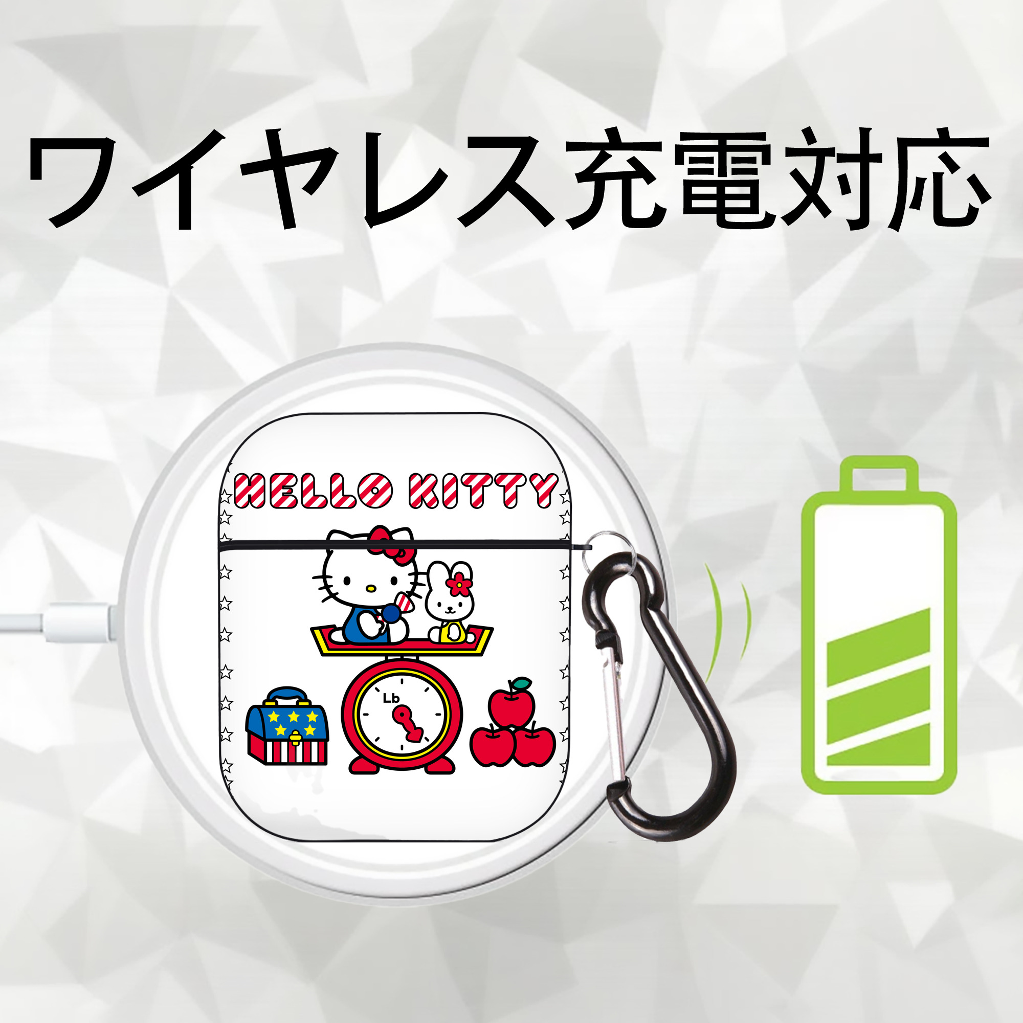 Hello Kitty ハローキティ AirPods 第2世代保護ケース ハードシェル ブラック 耐衝撃・防指紋・カラビナ付き