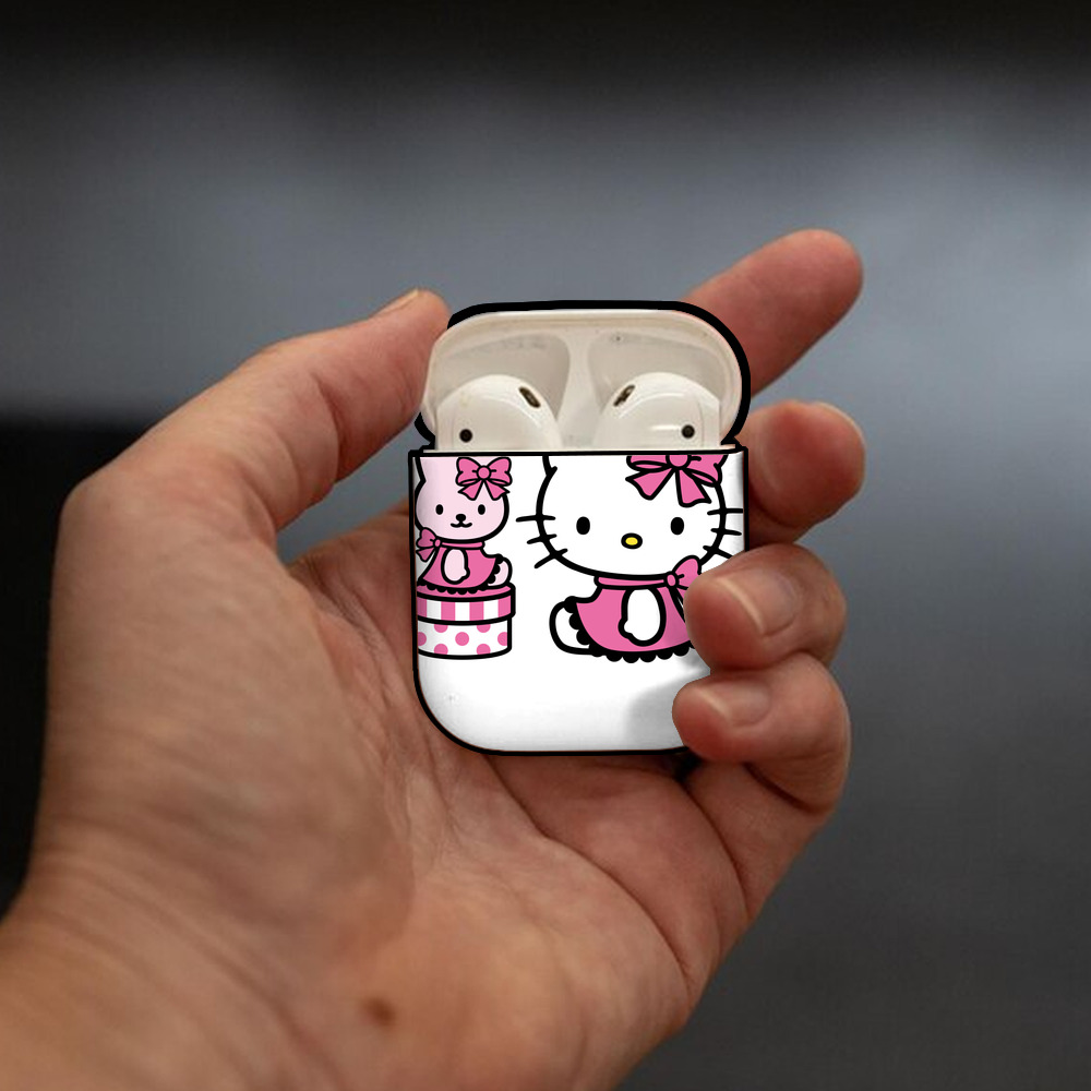 Hello Kitty ハローキティ AirPods 第2世代保護ケース ハードシェル ブラック 耐衝撃・防指紋・カラビナ付き