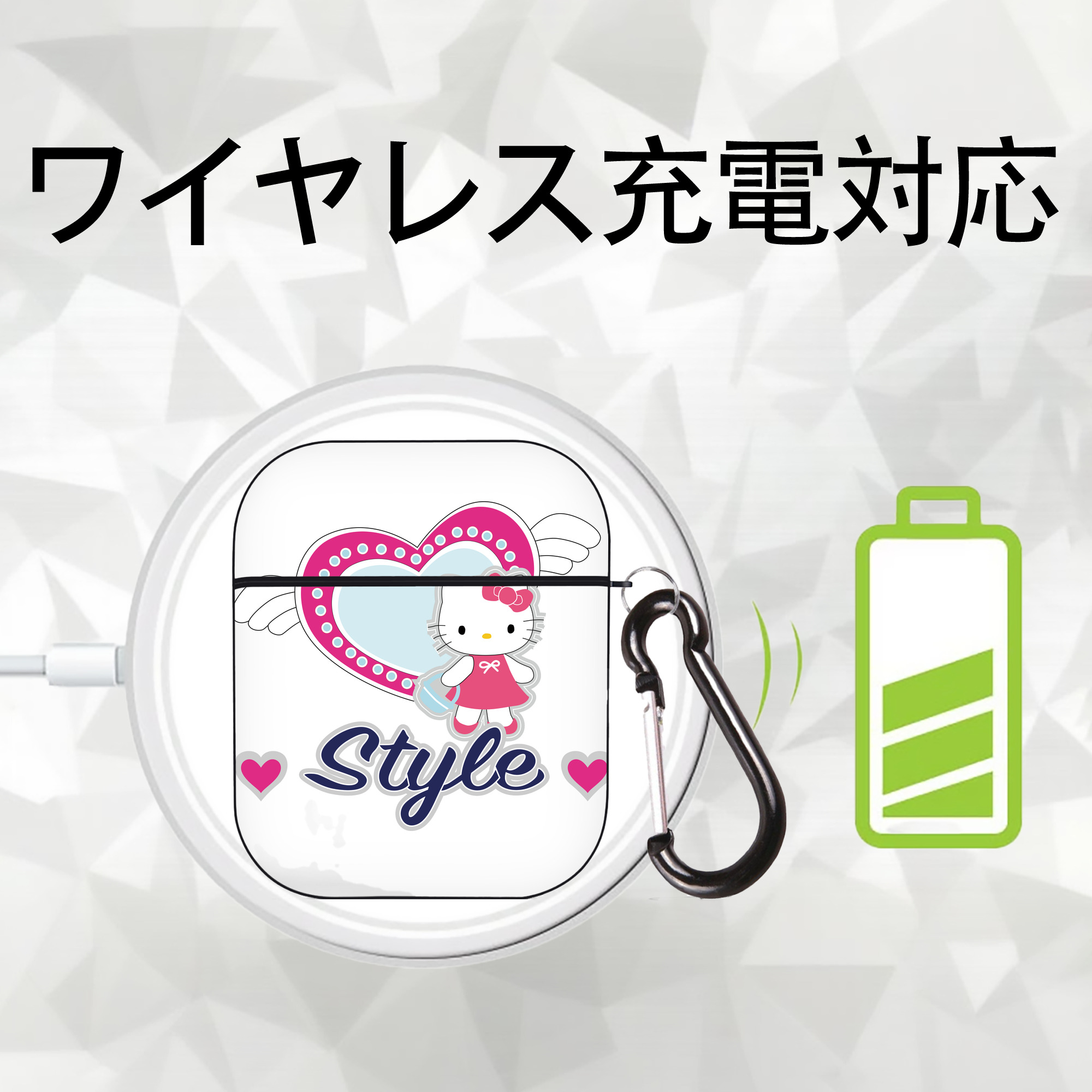 Hello Kitty ハローキティ AirPods 第2世代保護ケース ハードシェル ブラック 耐衝撃・防指紋・カラビナ付き