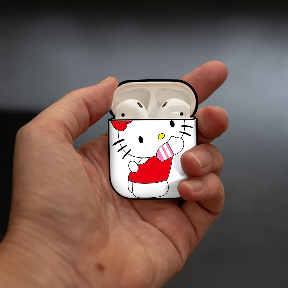 Hello Kitty ハローキティ AirPods 第2世代保護ケース ハードシェル ブラック 耐衝撃・防指紋・カラビナ付き