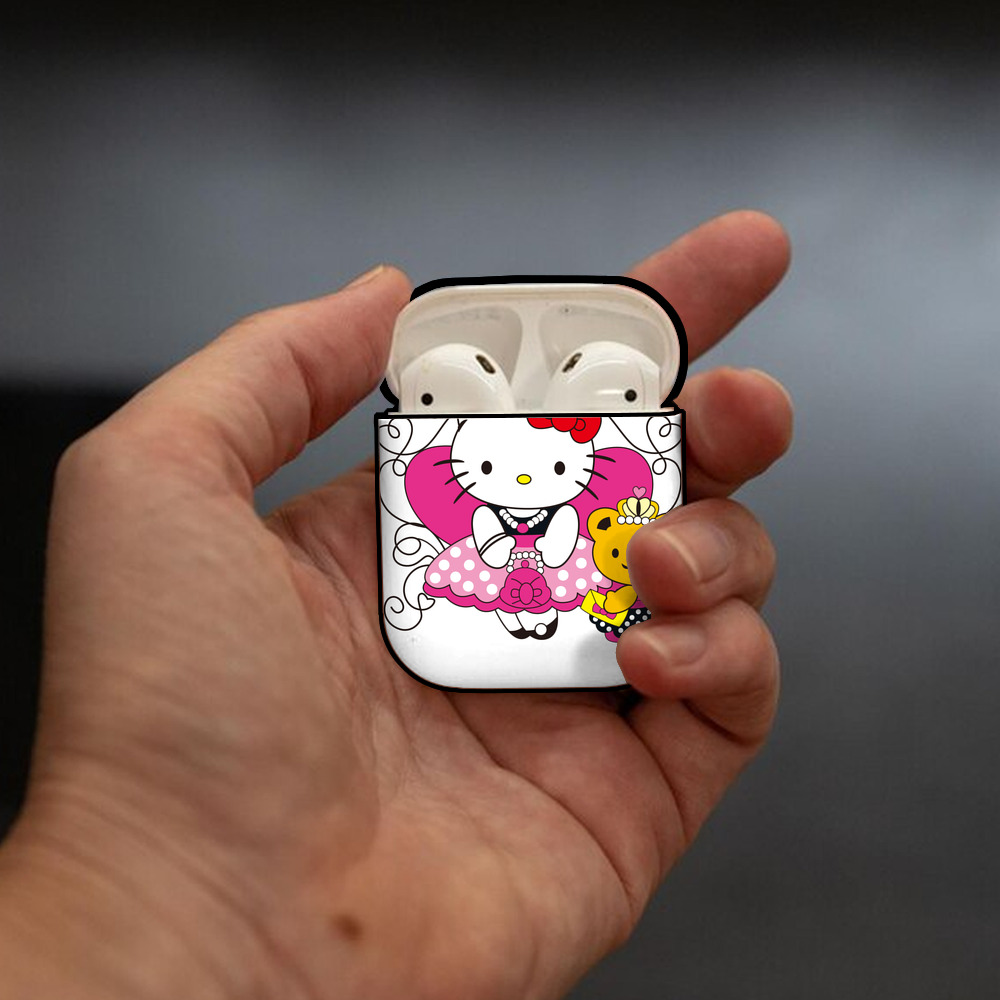 Hello Kitty ハローキティ AirPods 第2世代保護ケース ハードシェル ブラック 耐衝撃・防指紋・カラビナ付き