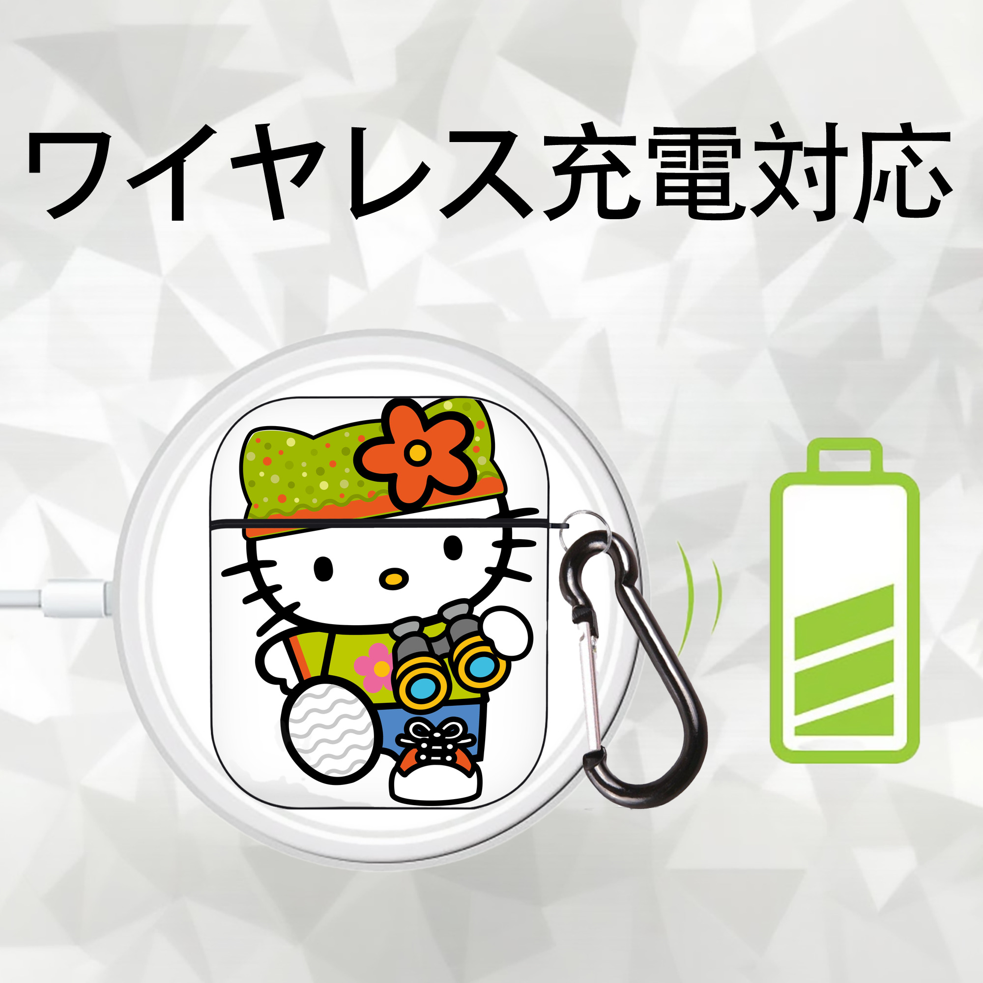 Hello Kitty ハローキティ AirPods 第2世代保護ケース ハードシェル ブラック 耐衝撃・防指紋・カラビナ付き