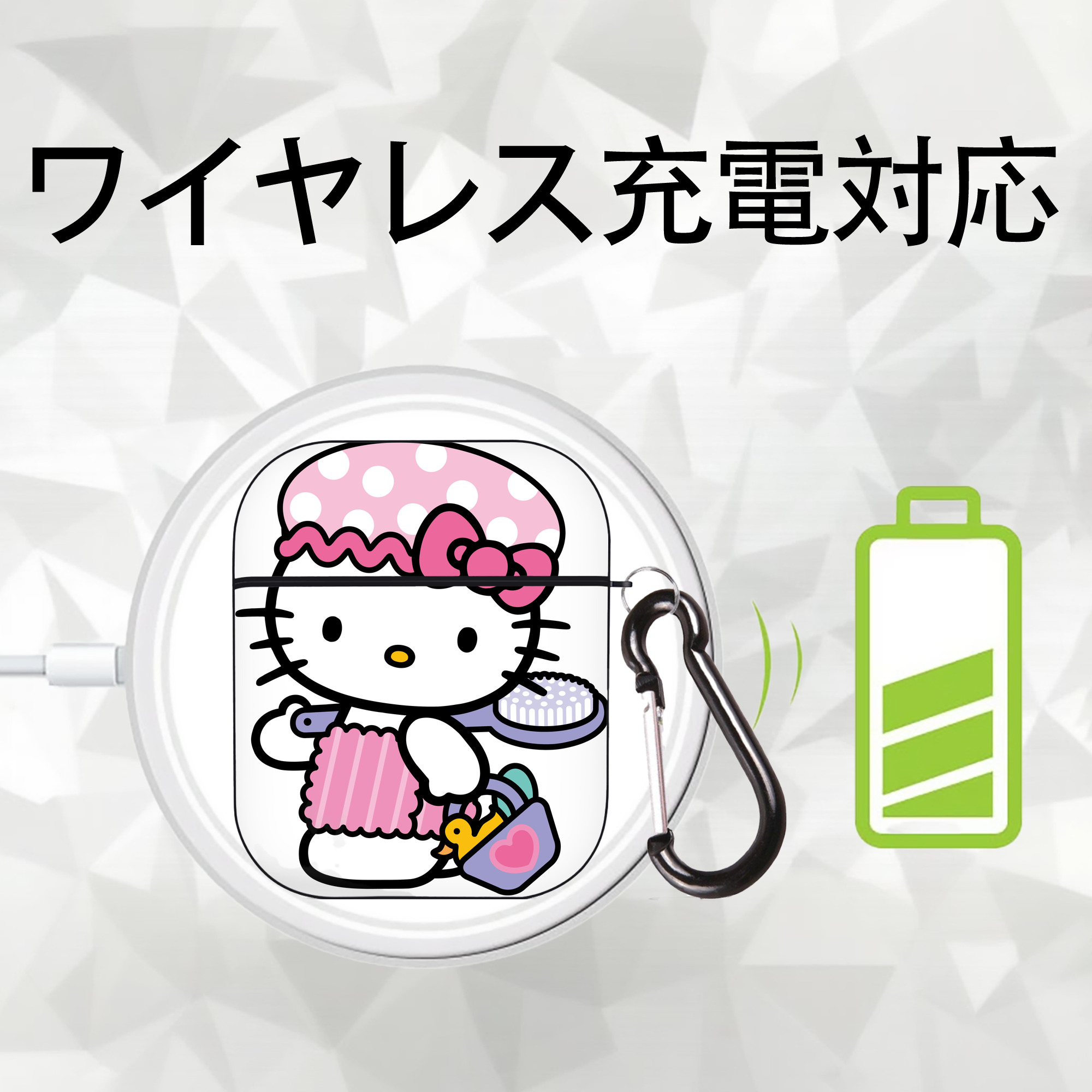 Hello Kitty ハローキティ AirPods 第2世代保護ケース ハードシェル ブラック 耐衝撃・防指紋・カラビナ付き