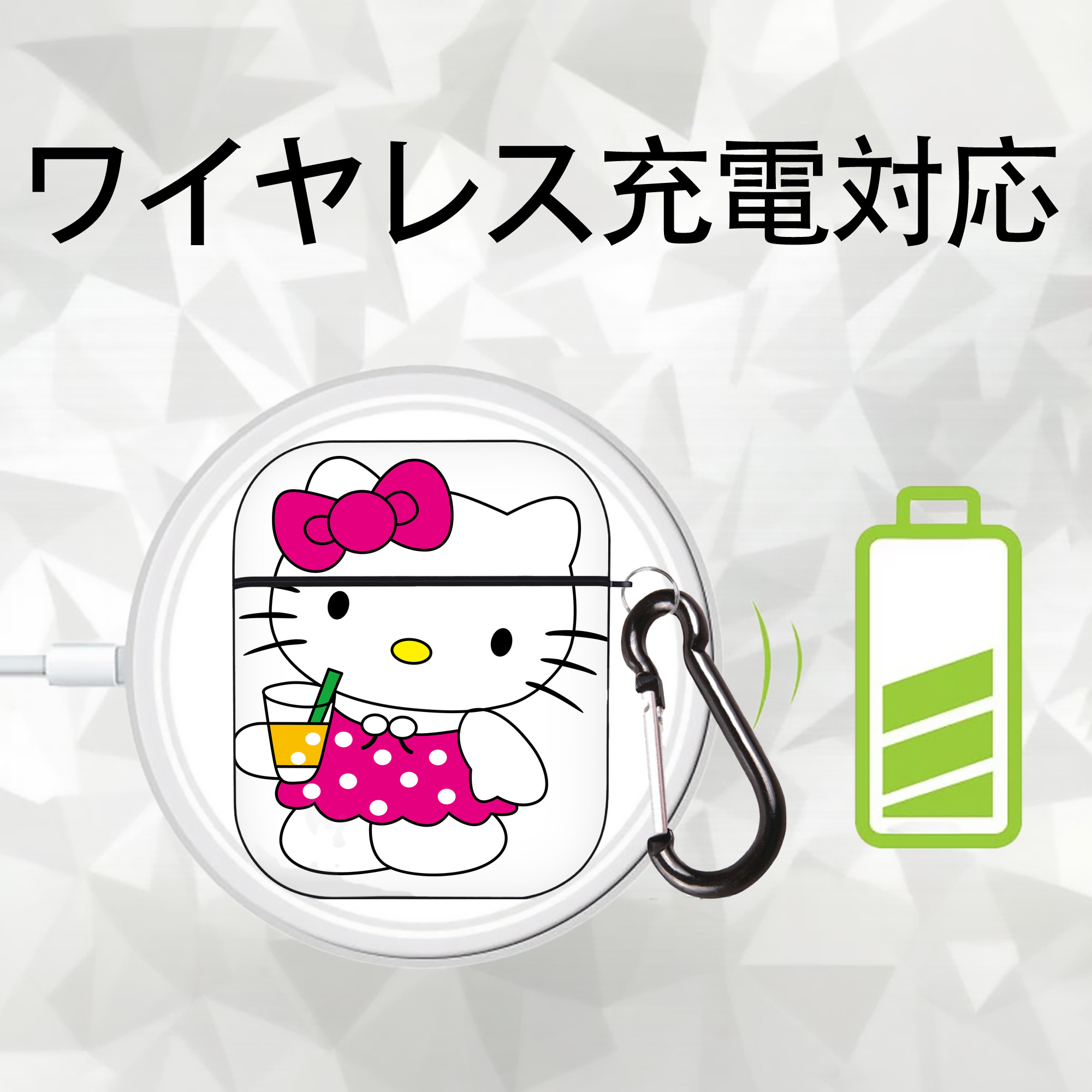 Hello Kitty ハローキティ AirPods 第2世代保護ケース ハードシェル ブラック 耐衝撃・防指紋・カラビナ付き