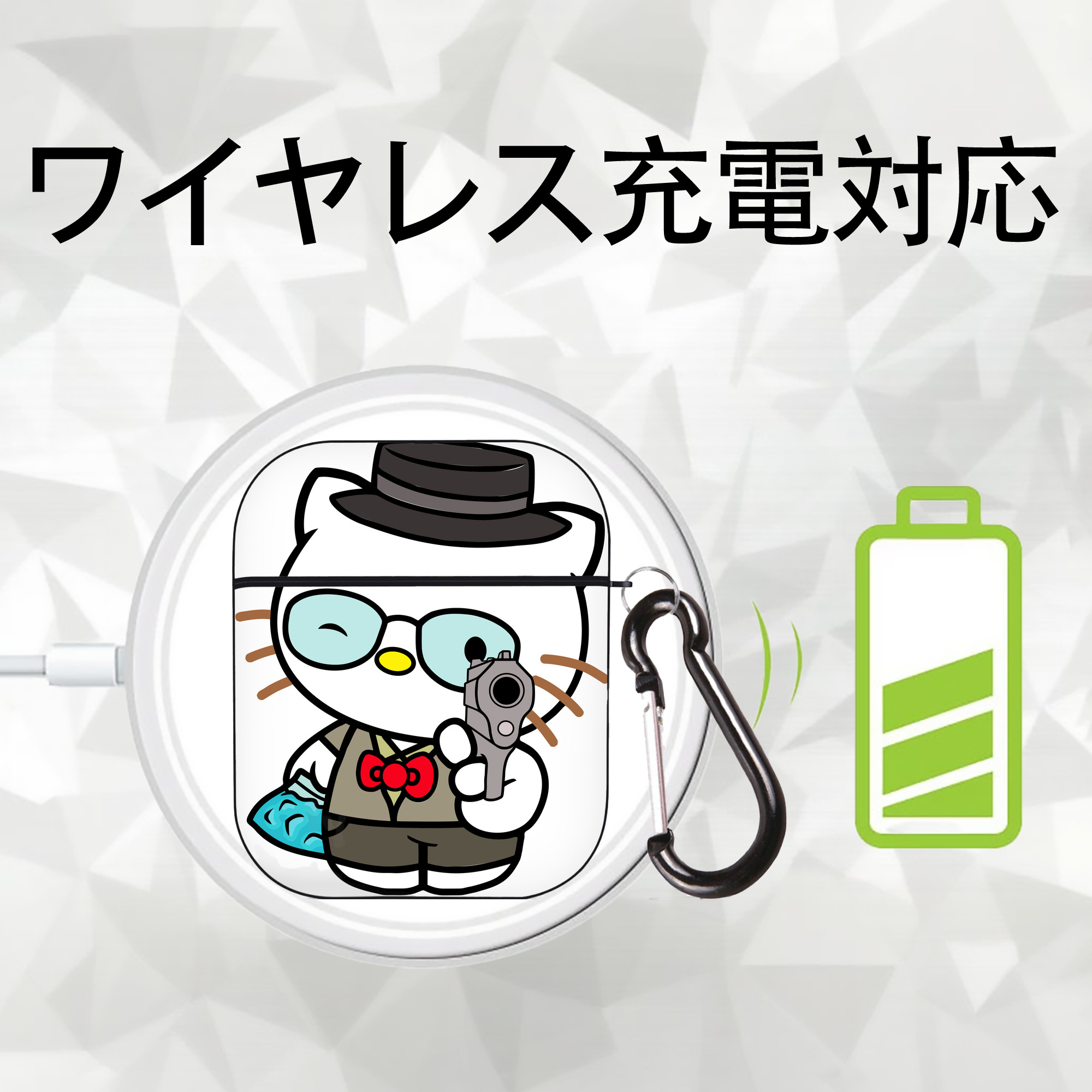 Hello Kitty ハローキティ AirPods 第2世代保護ケース ハードシェル ブラック 耐衝撃・防指紋・カラビナ付き