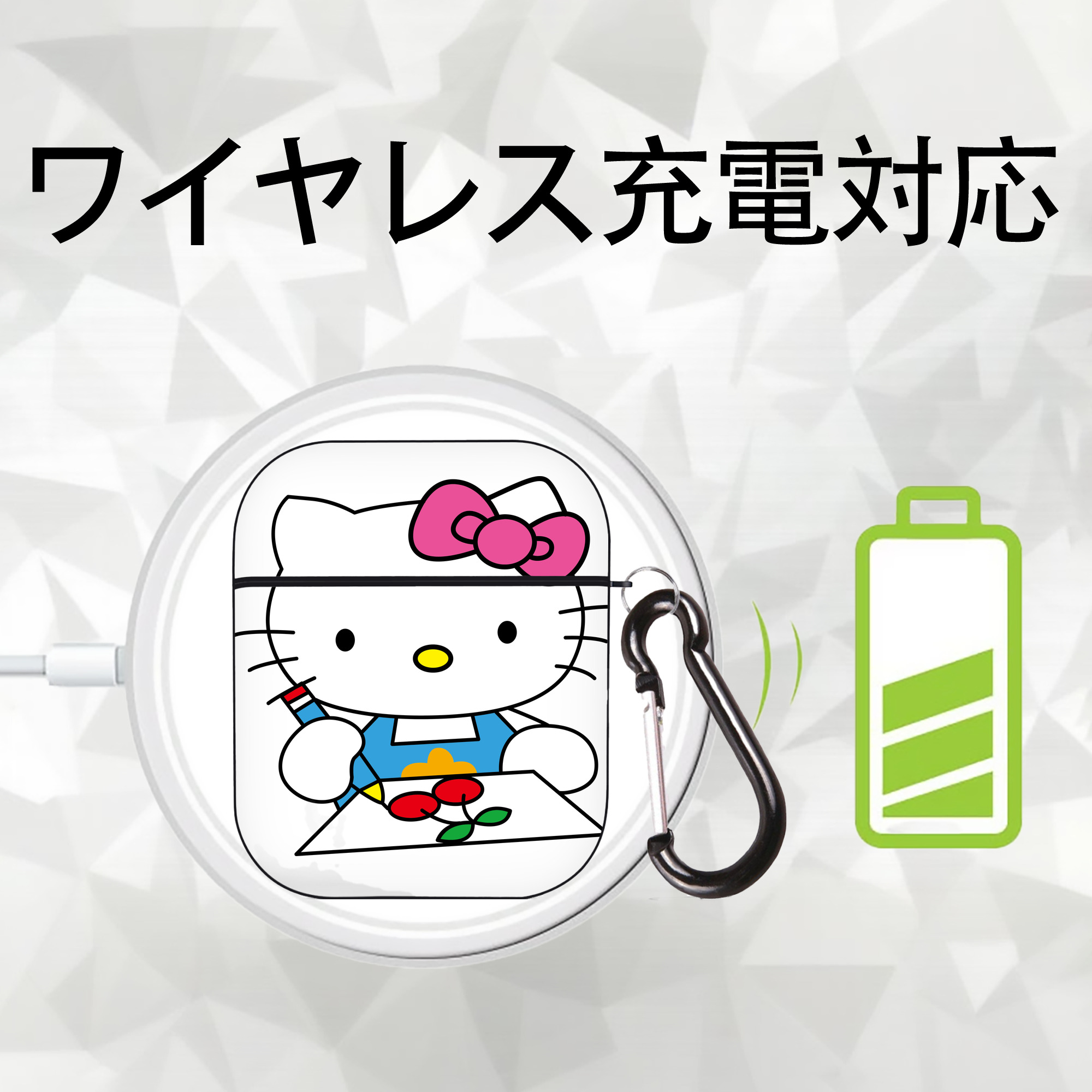 Hello Kitty ハローキティ AirPods 第2世代保護ケース ハードシェル ブラック 耐衝撃・防指紋・カラビナ付き