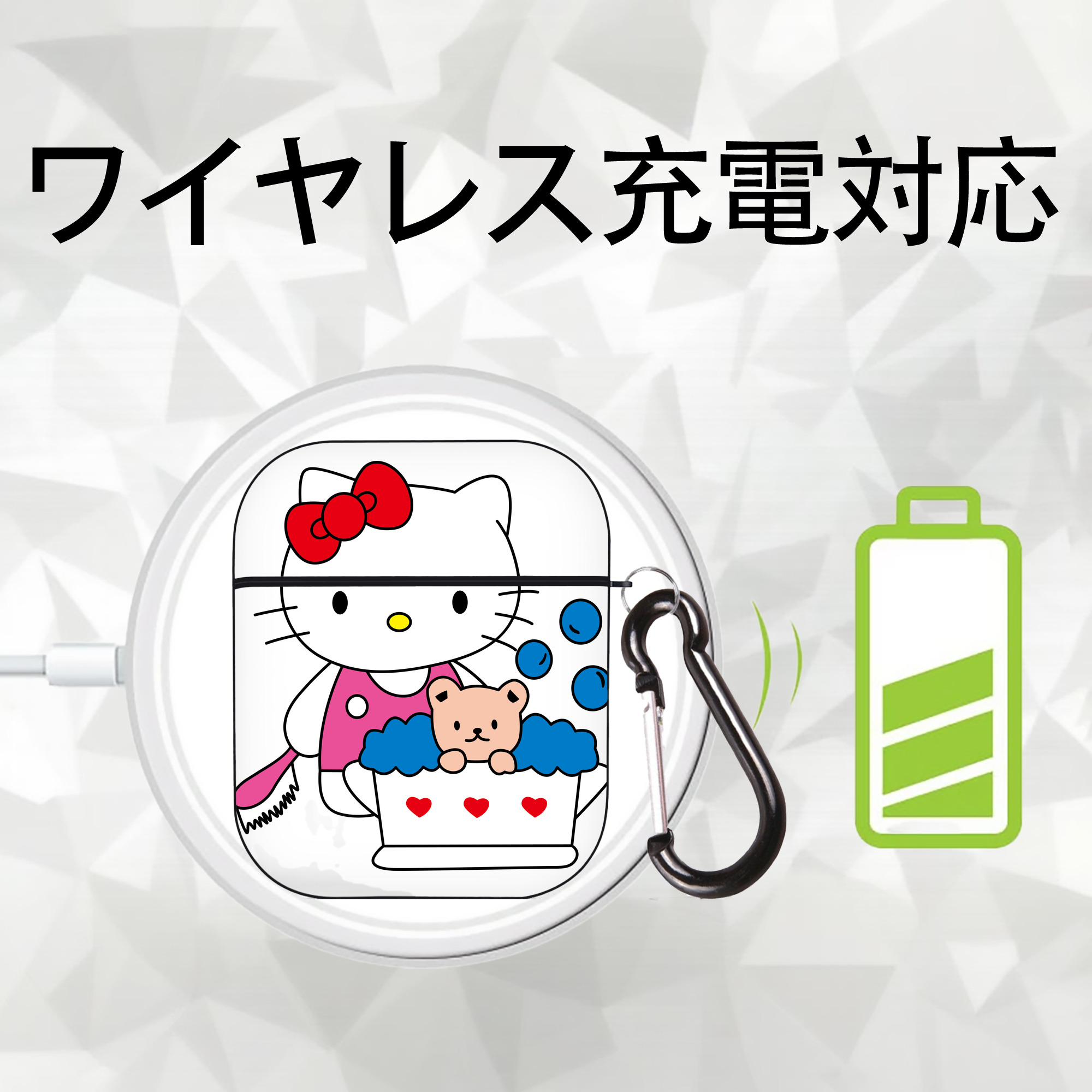 Hello Kitty ハローキティ AirPods 第2世代保護ケース ハードシェル ブラック 耐衝撃・防指紋・カラビナ付き