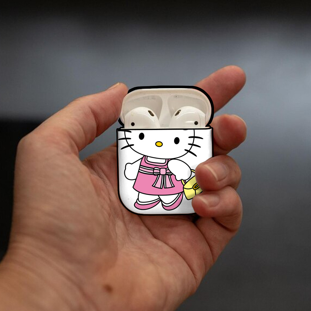 Hello Kitty ハローキティ AirPods 第2世代保護ケース ハードシェル ブラック 耐衝撃・防指紋・カラビナ付き