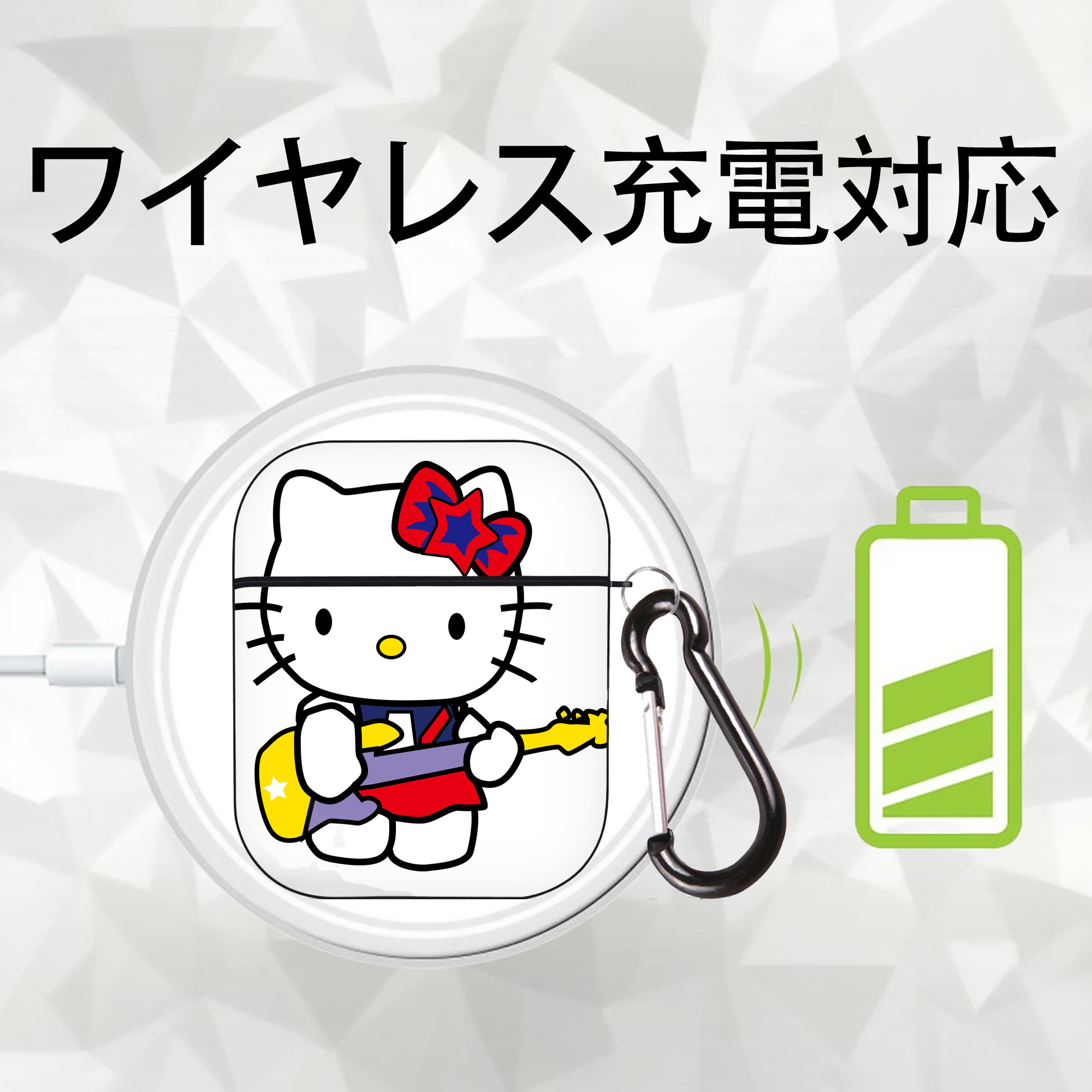 Hello Kitty ハローキティ AirPods 第2世代保護ケース ハードシェル ブラック 耐衝撃・防指紋・カラビナ付き